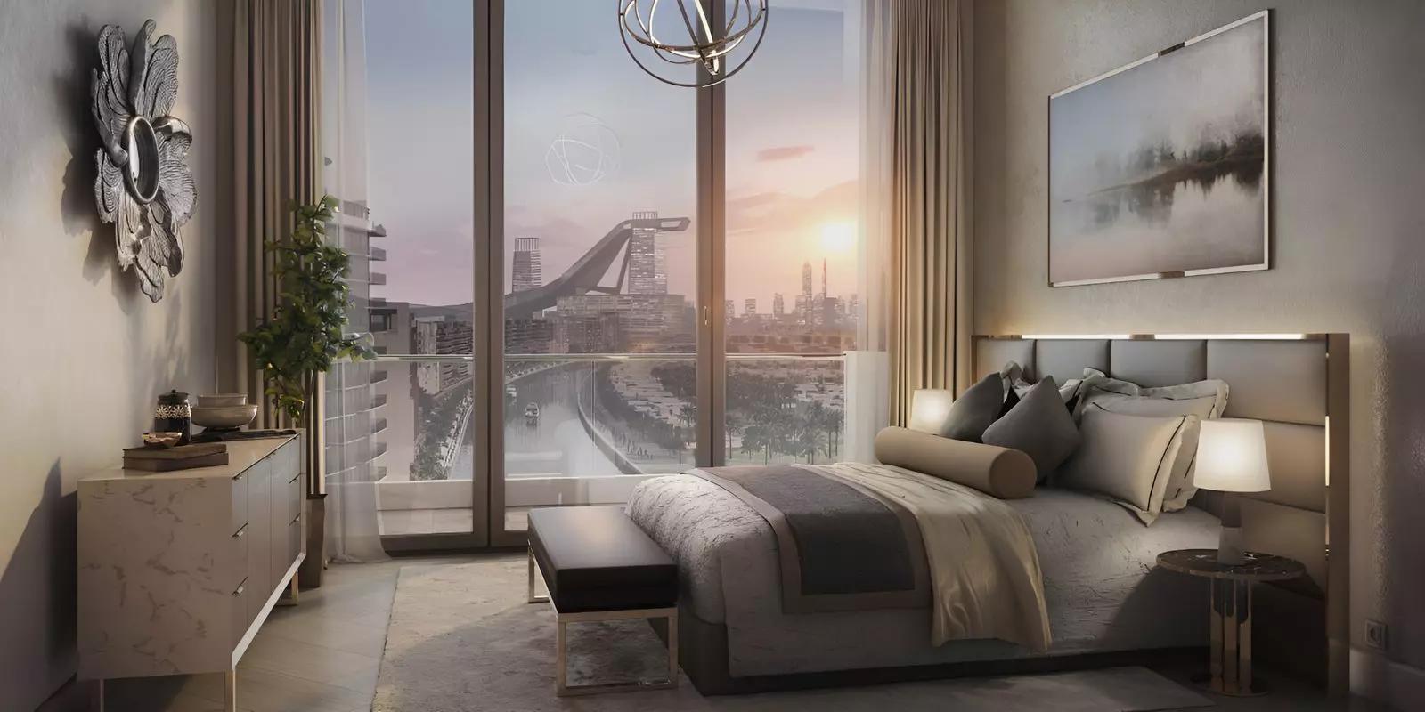 Azizi Riviera 34 residential tower street-level view, Meydan One, Dubai
