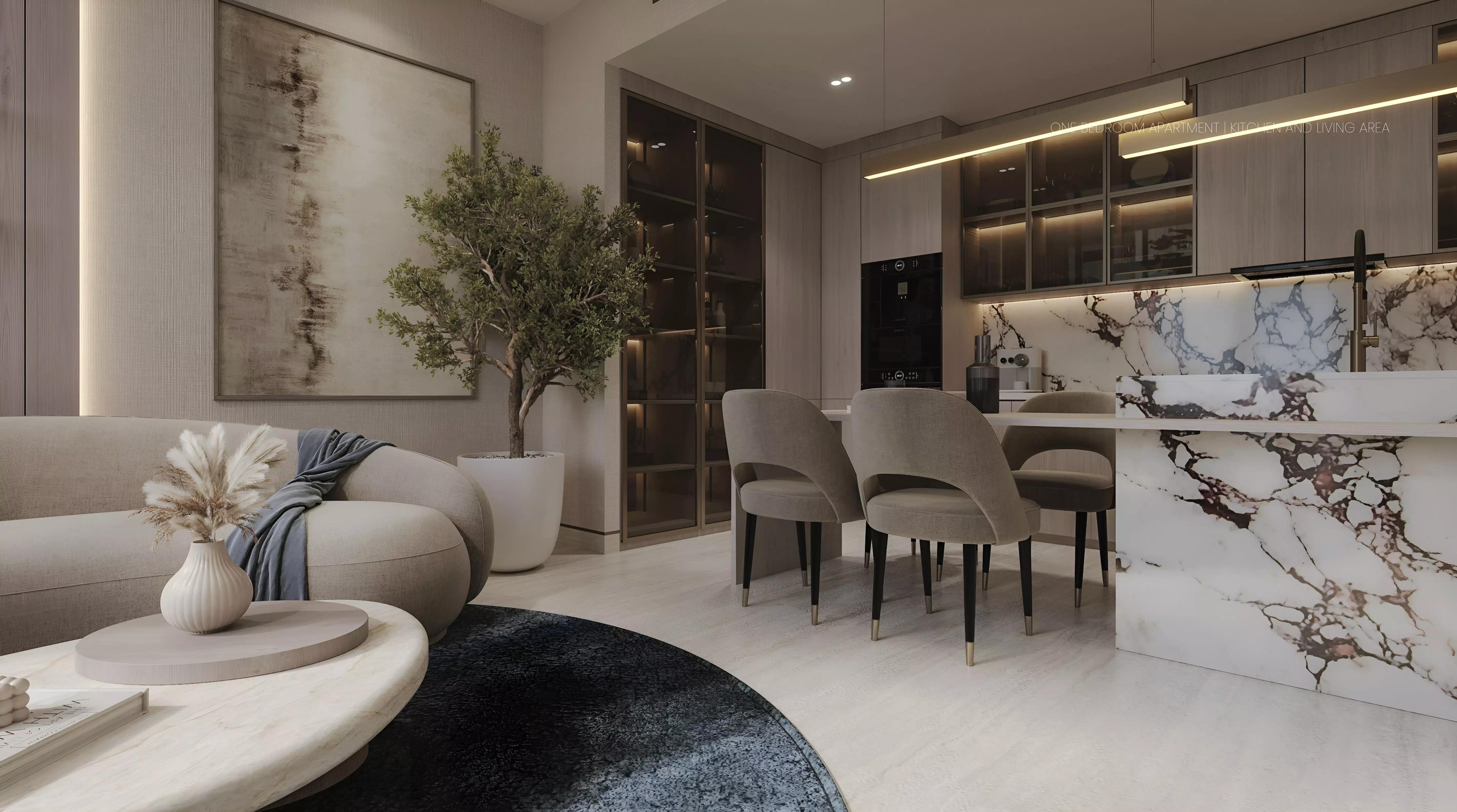 Luminous Coastal Living residential facade and surrounding landscaping, Dubai Islands, Dubai