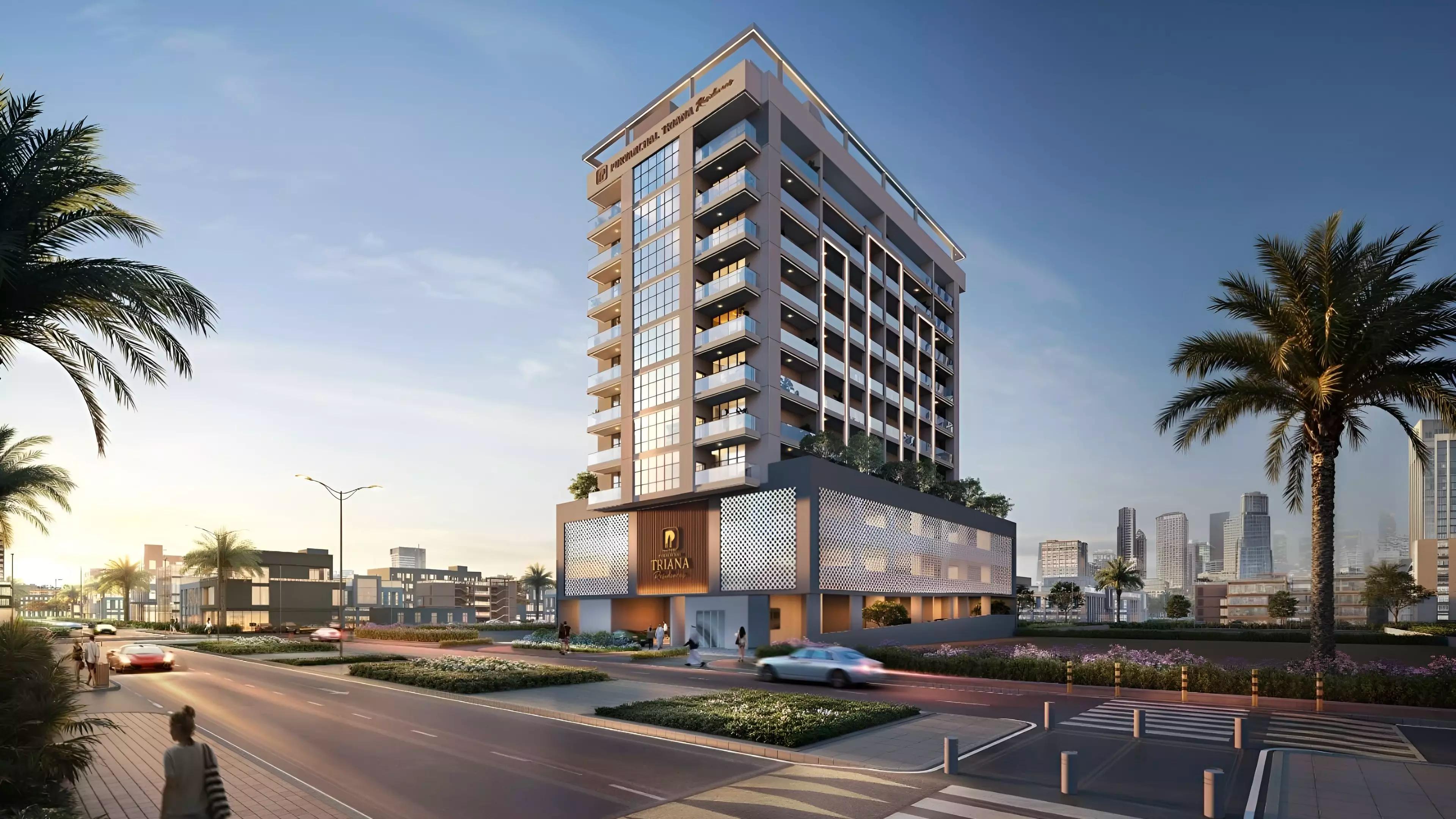 Exterior render of Purvanchal Triana Residences tower facade, Al Satwa, Dubai