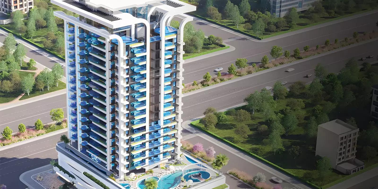Samana Manhattan Phase 2 exterior facade view, Jumeirah Village Circle, Dubai
