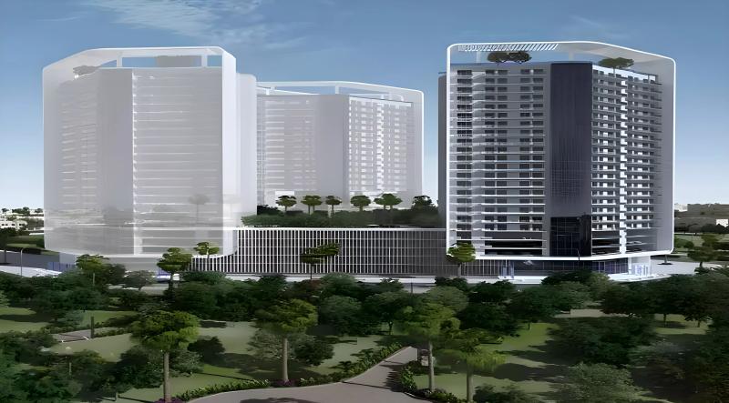 Exterior facade of The Haven Gardens apartment building in Jumeirah Village Circle, Dubai