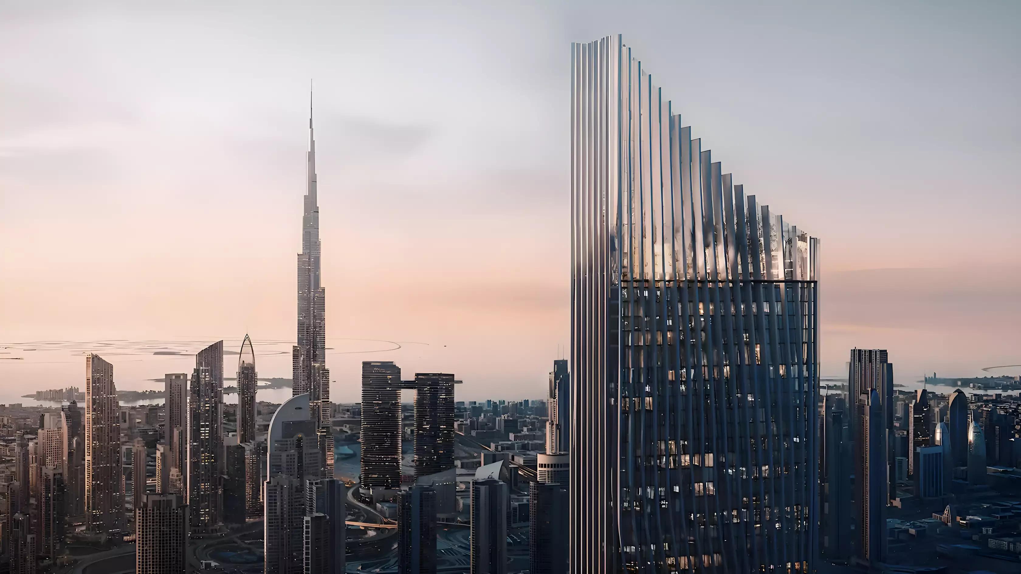 Tiger Sky Tower exterior facade rising above Business Bay, Dubai