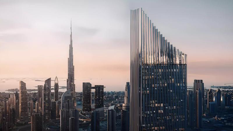 Tiger Sky Tower exterior facade rising above Business Bay, Dubai