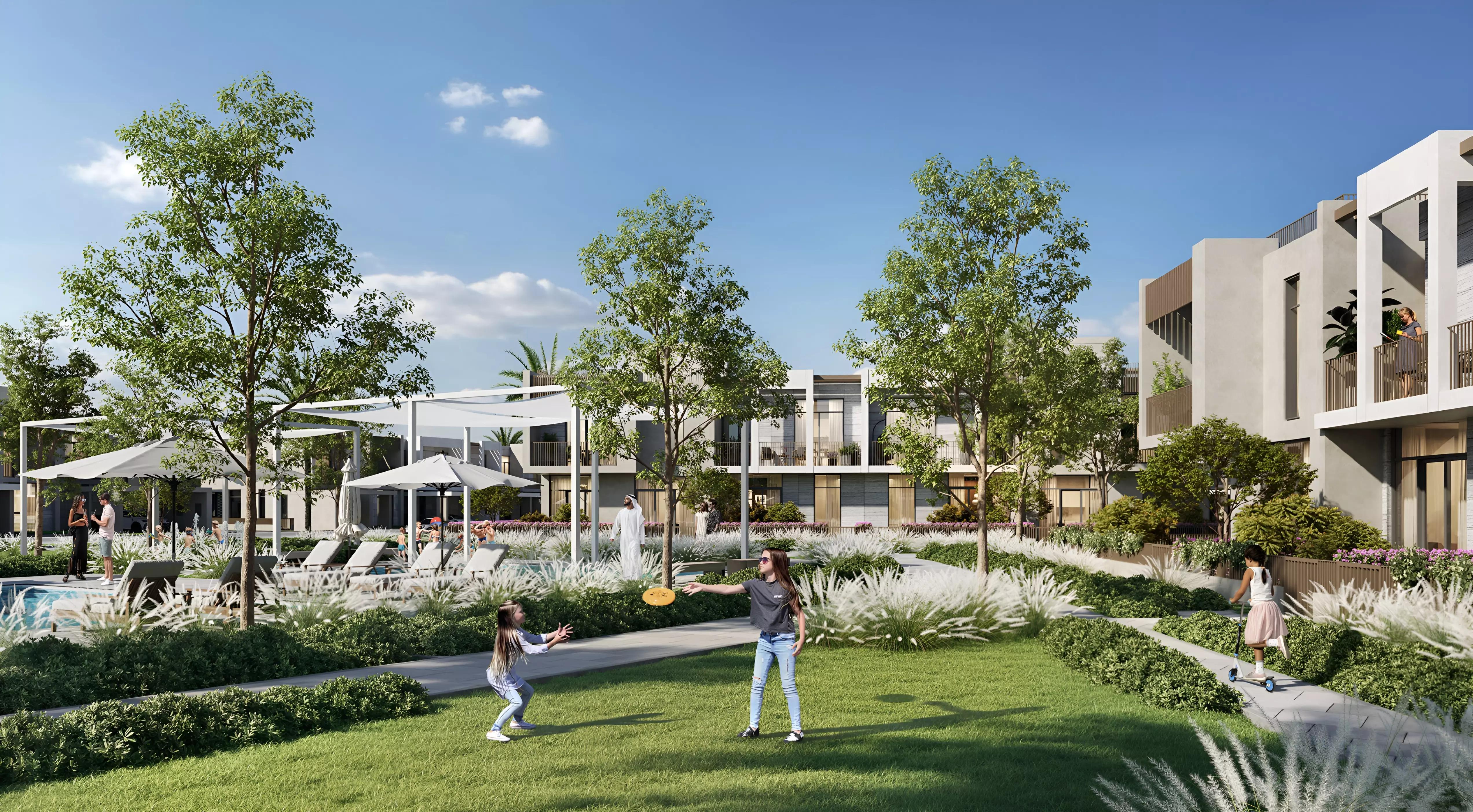Expo Golf Villas 6 street view of townhouse row, Emaar South, Dubai South