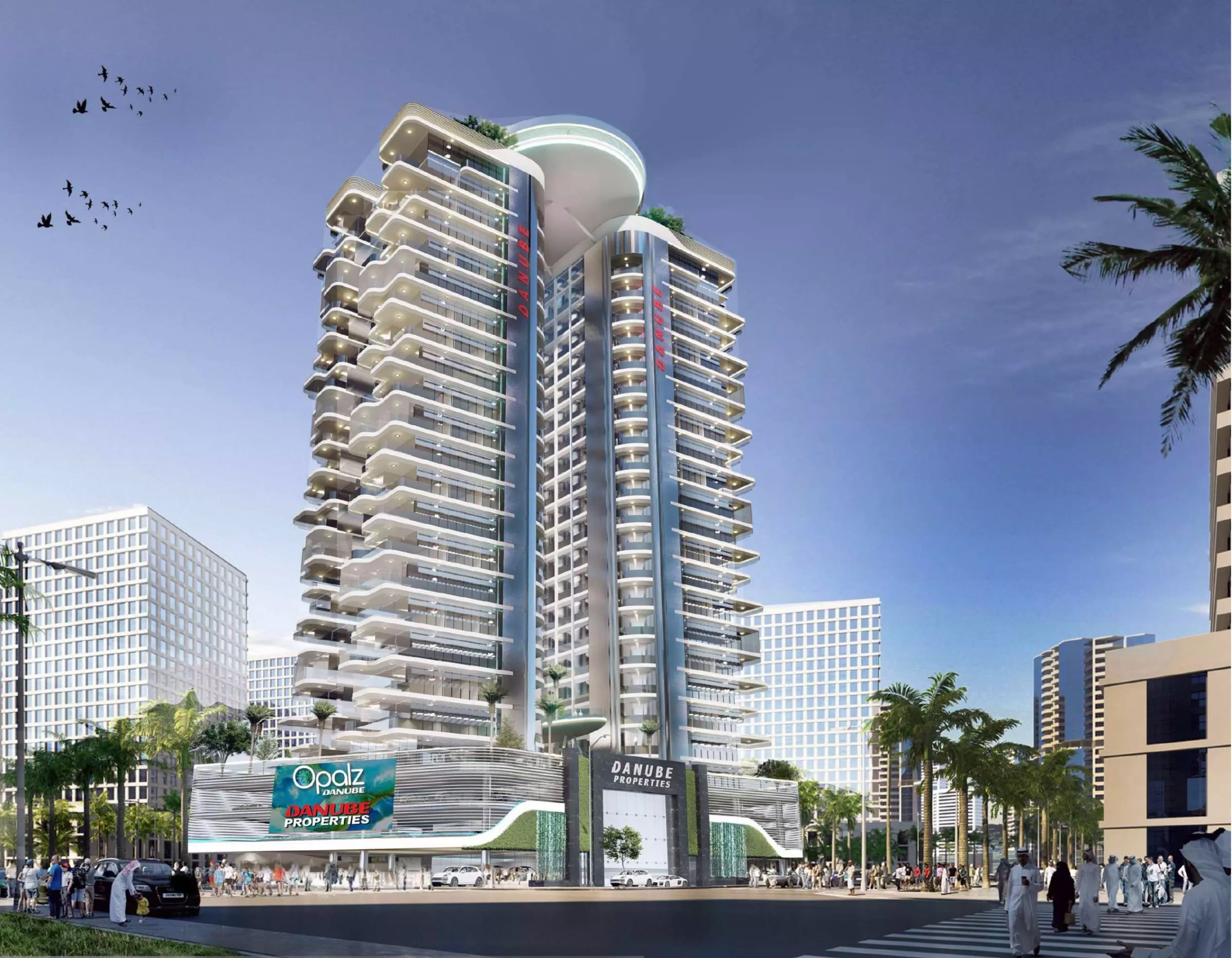 Opalz by Danube tower facade with curved balconies and retail podium