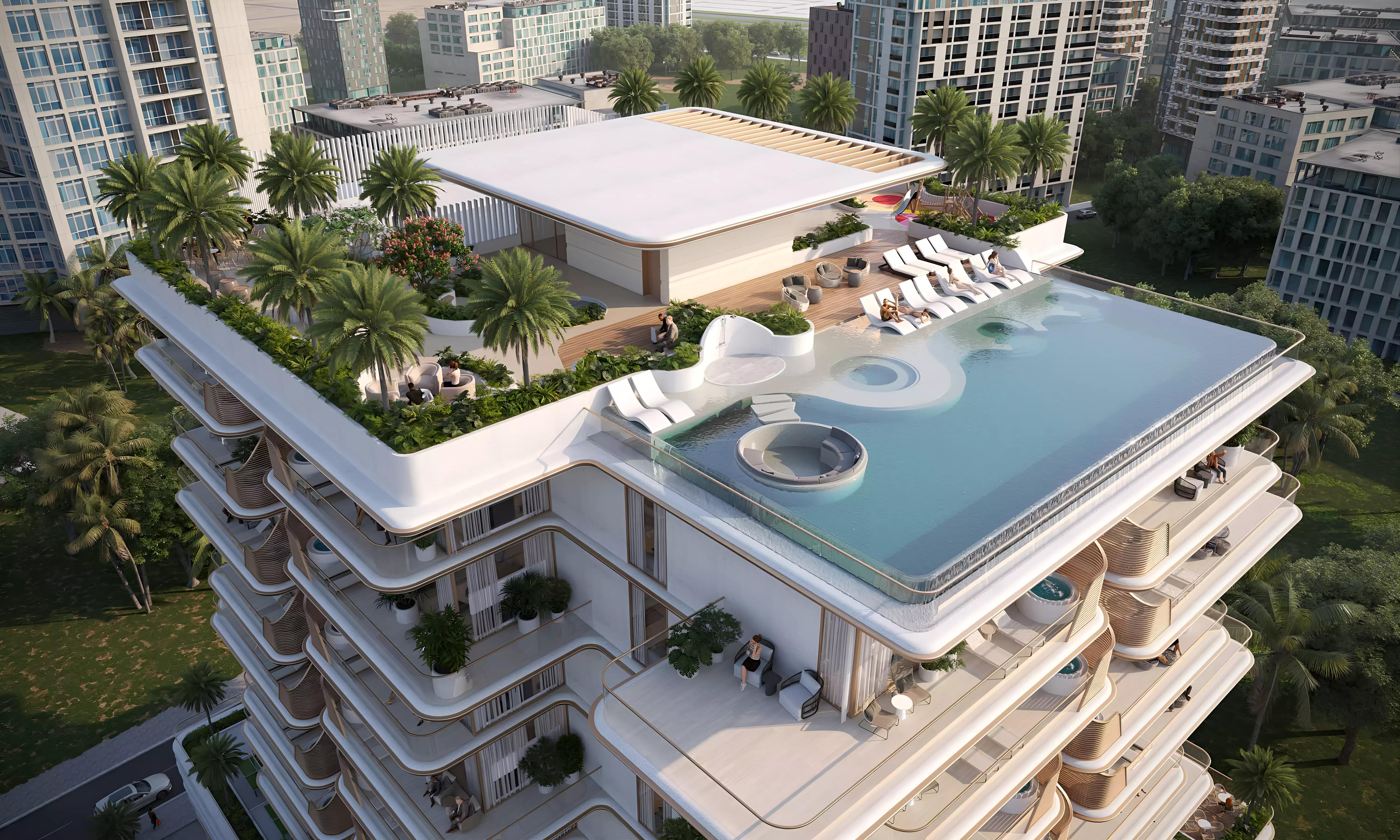 Sunset Bay by Imtiaz building elevation and landscaping, Dubai Islands