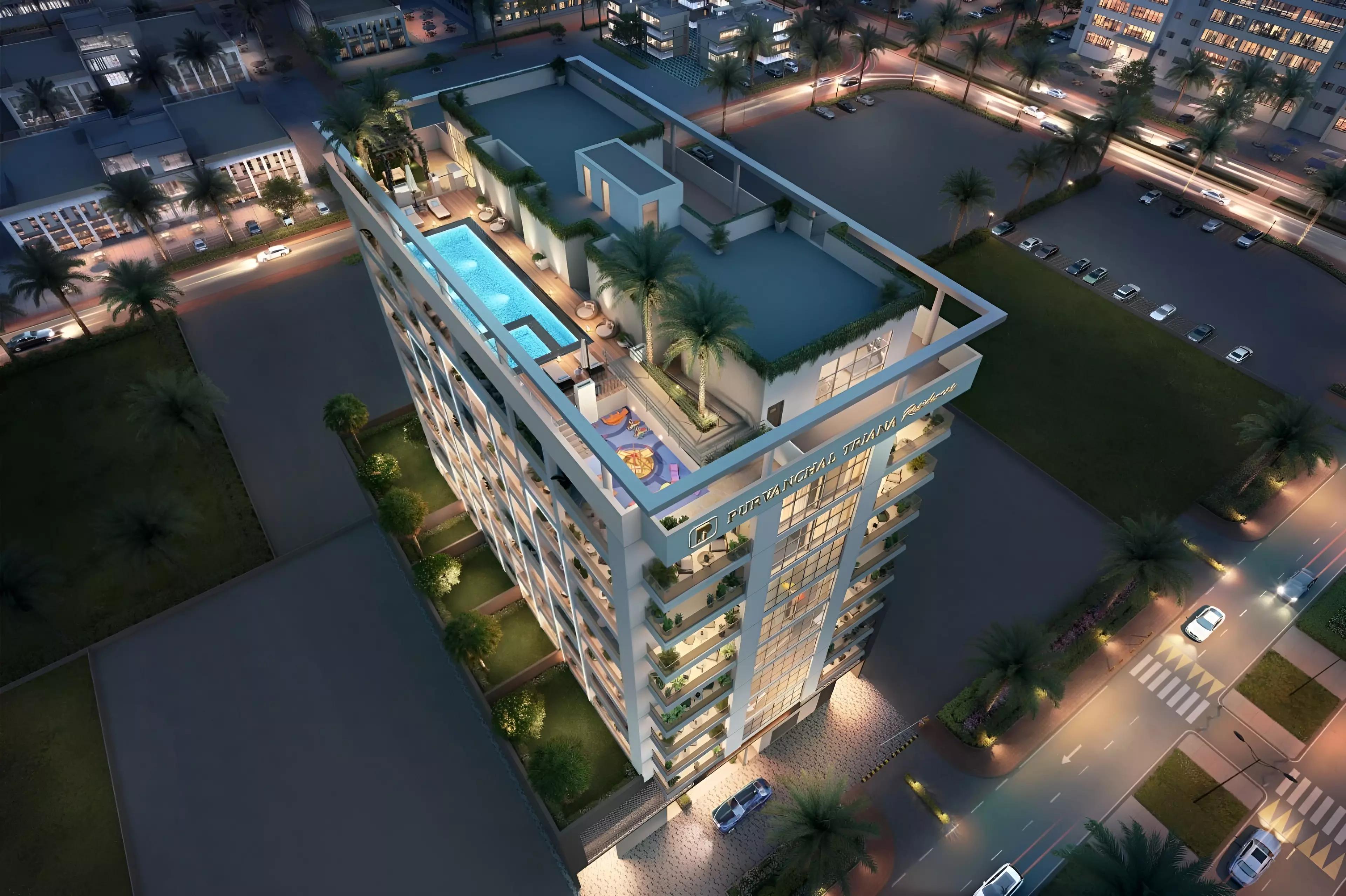 Bedroom interior render with city-facing window at Purvanchal Triana Residences