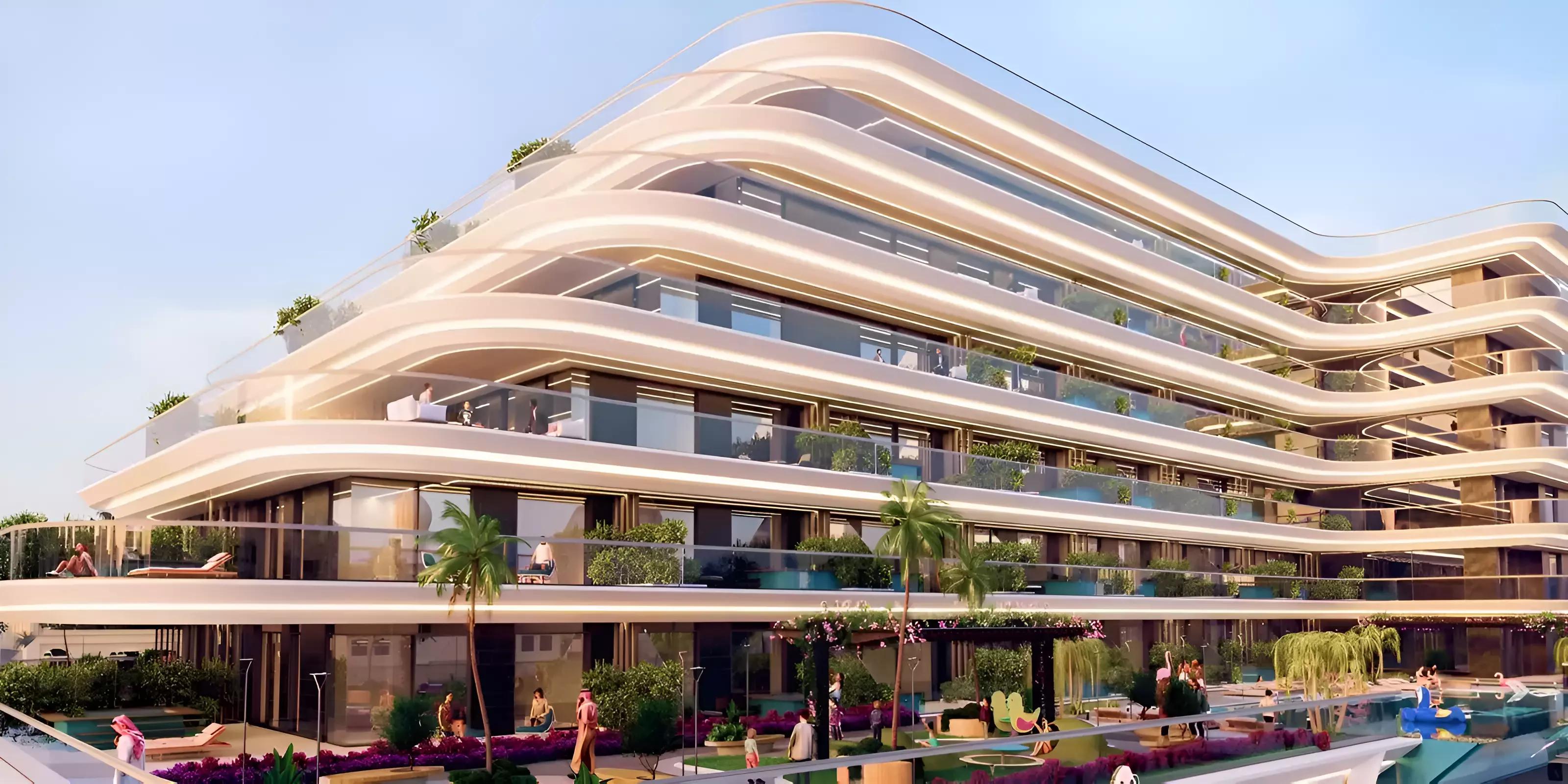 Samana Miami building facade and entrance, JVC, Dubai