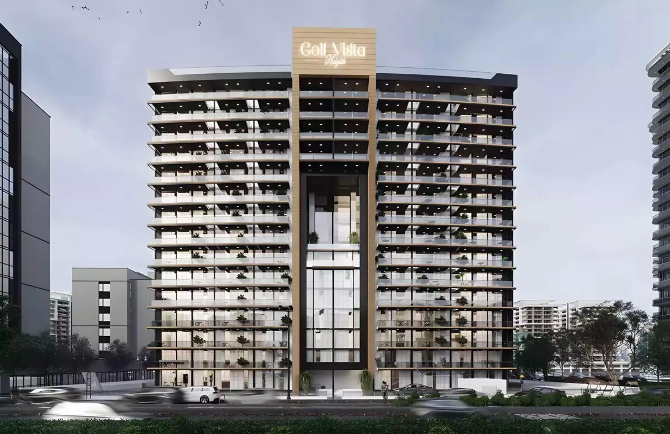 Golf Vista Heights residential tower street-level view