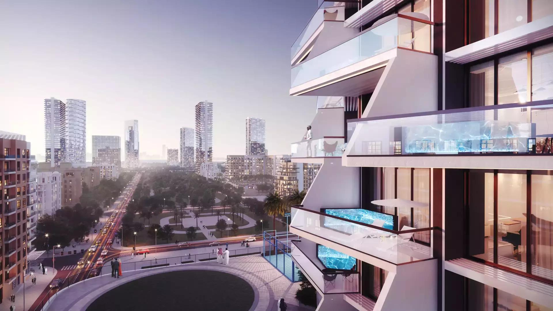 Binghatti Phantom facade and entrance view, Jumeirah Village Circle, Dubai