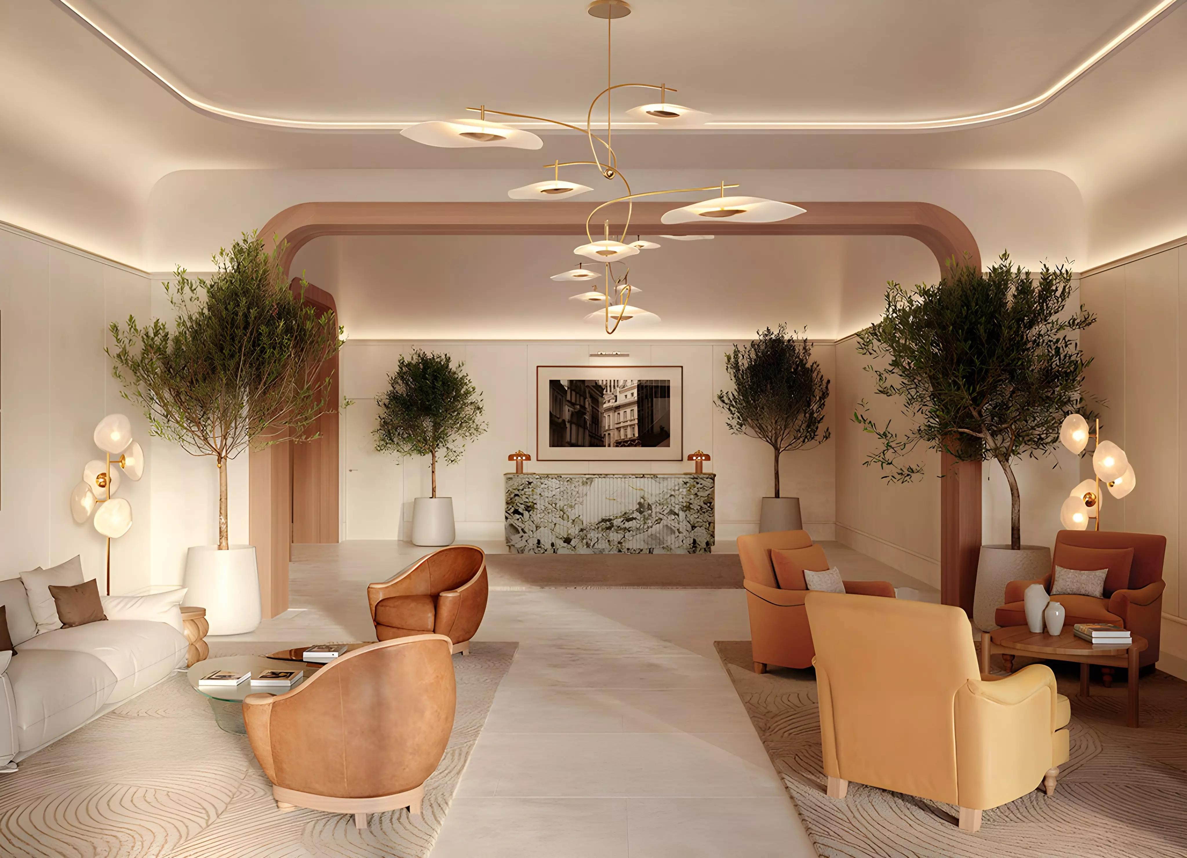 Living area interior render, The Bristol apartments, Dubai Harbour