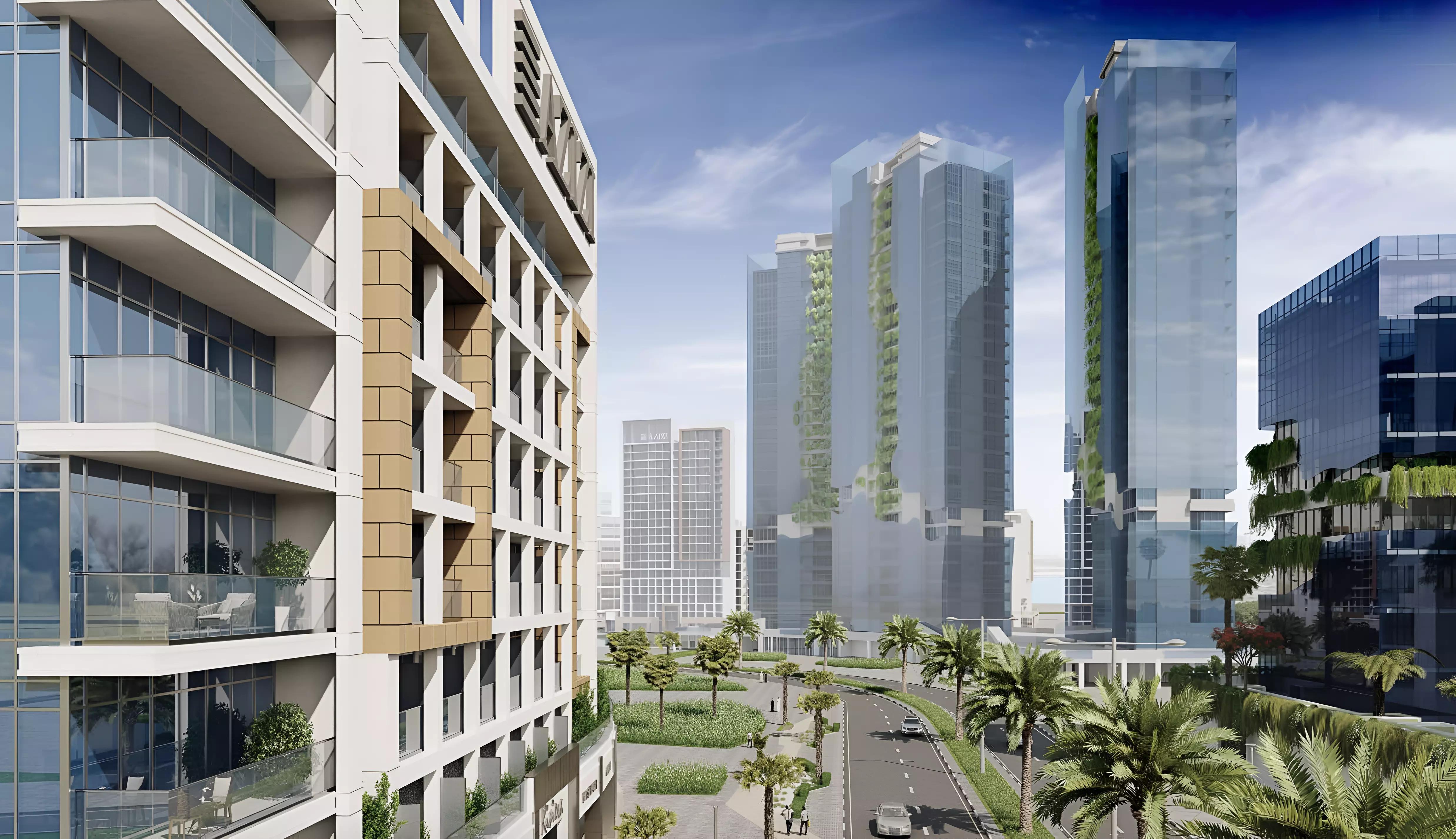 Azizi Riviera 59 street-level view near canal promenade, Meydan, Dubai