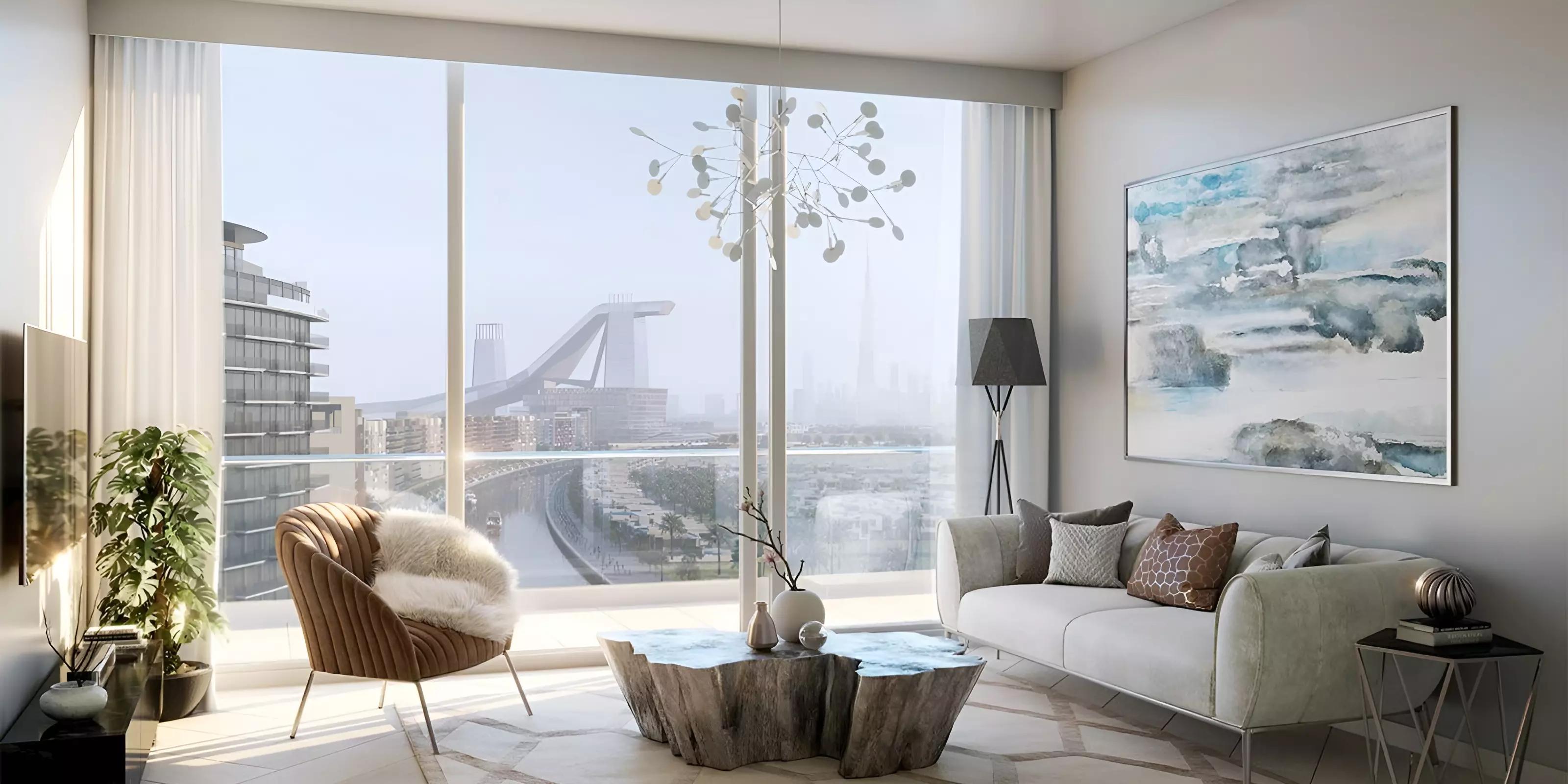 Riviera-style building elevation with balconies at Azizi Riviera 32, Meydan One