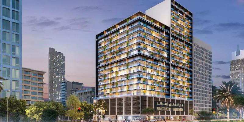 Binghatti Emerald tower exterior with distinctive facade design, Jumeirah Village Circle, Dubai