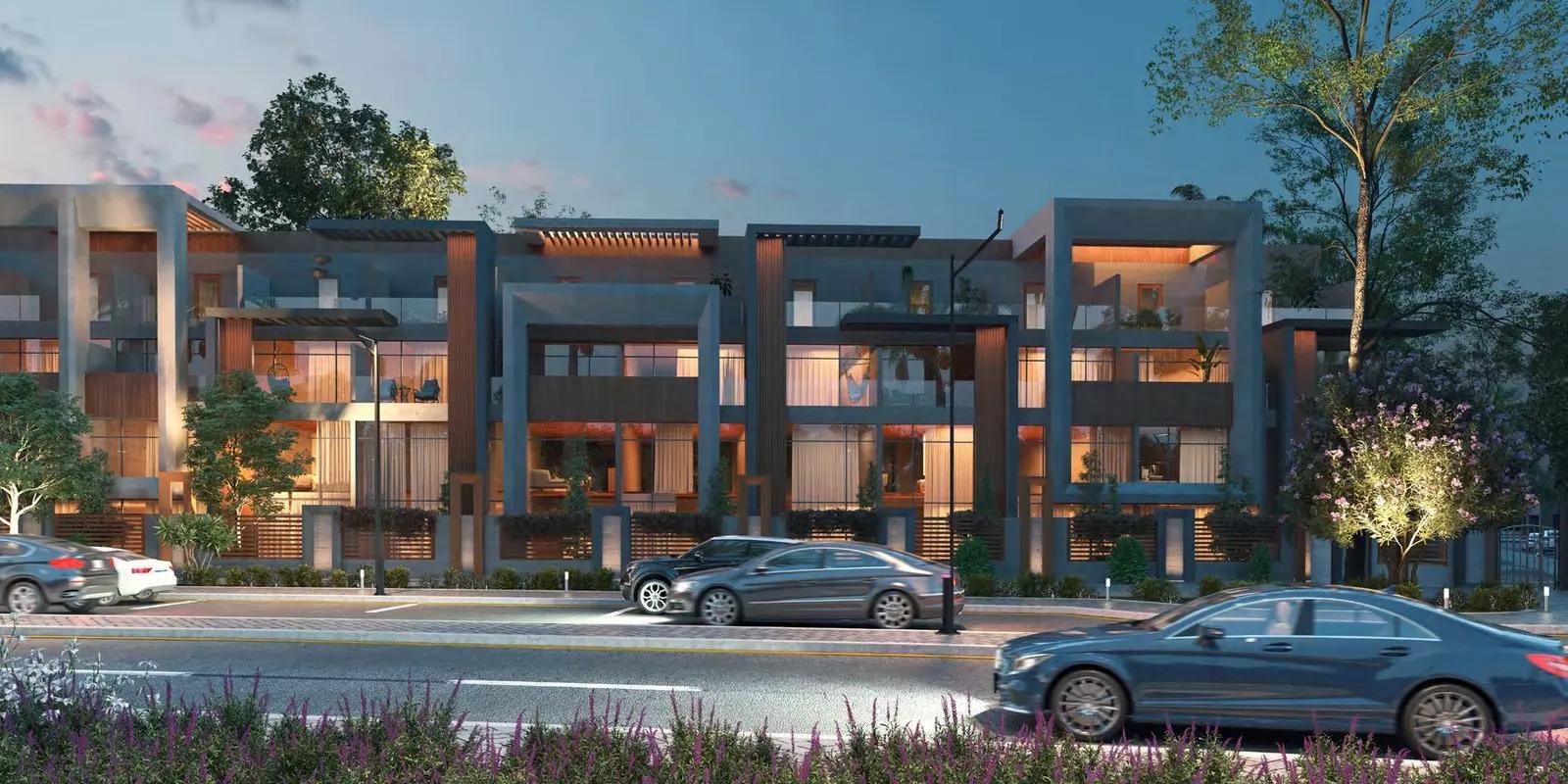 Verdana community street view with townhouse row, DIP, Dubai