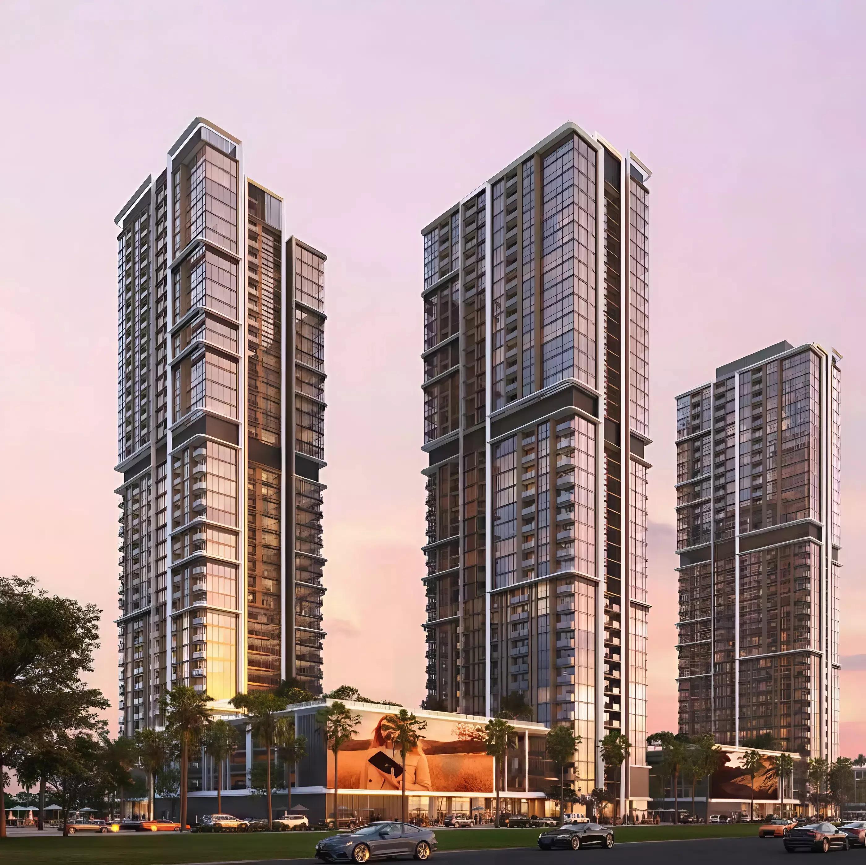 Altura apartment building facade and landscaped entrance, Dubai South
