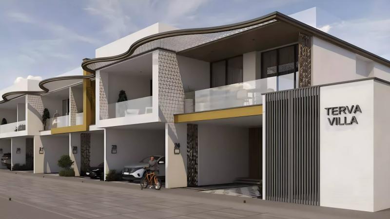 Terva Homes townhouse exterior with landscaped front garden, Dubai Industrial City