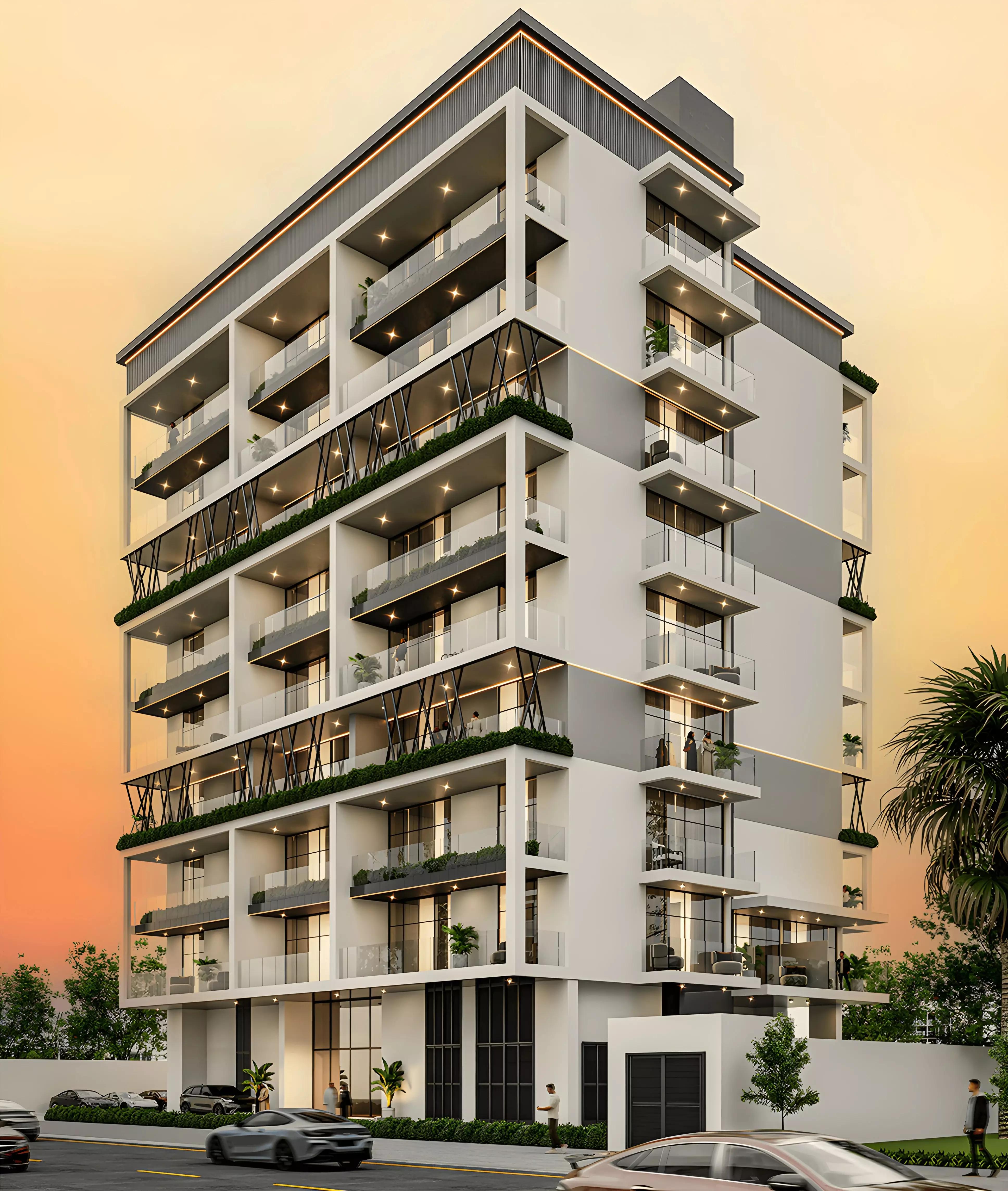 Arib Collection facade and entrance view, Dubai Land Residence Complex, Dubai