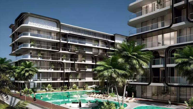 Exterior render of Al Haseen Residence 6 apartment building in Dubai Industrial City