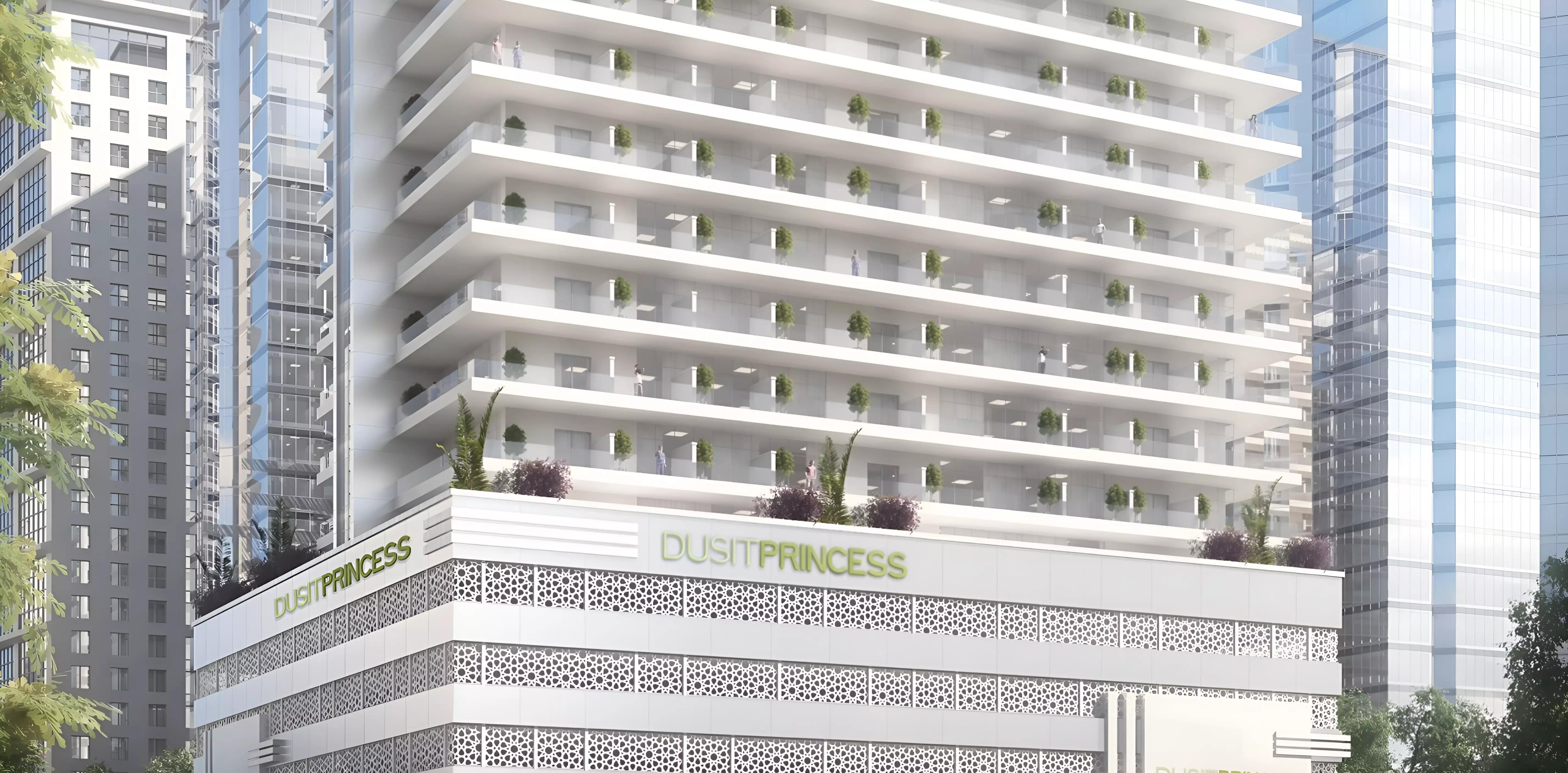 Exterior view of Dusit Princess Rijas apartment tower in JVC, Dubai