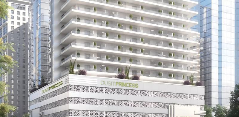 Exterior view of Dusit Princess Rijas apartment tower in JVC, Dubai
