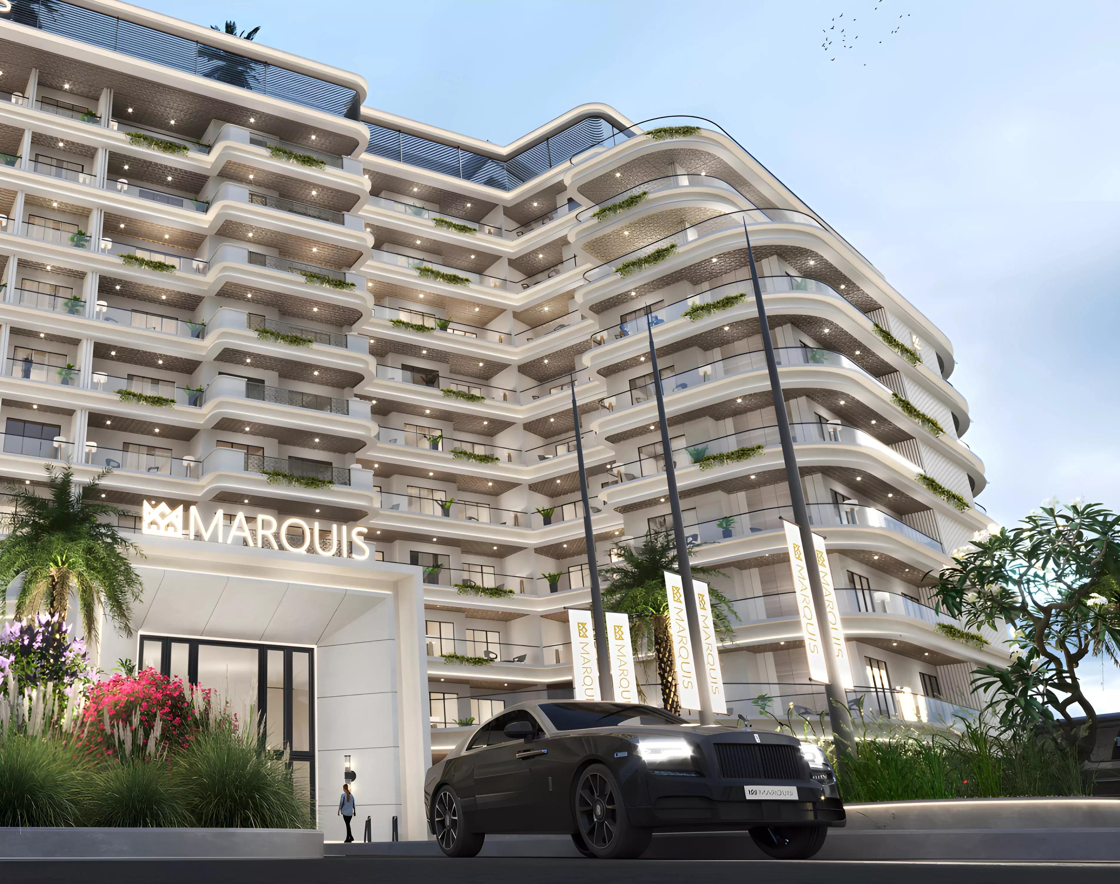 Marquis Insignia building entrance and driveway, Arjan, Dubai