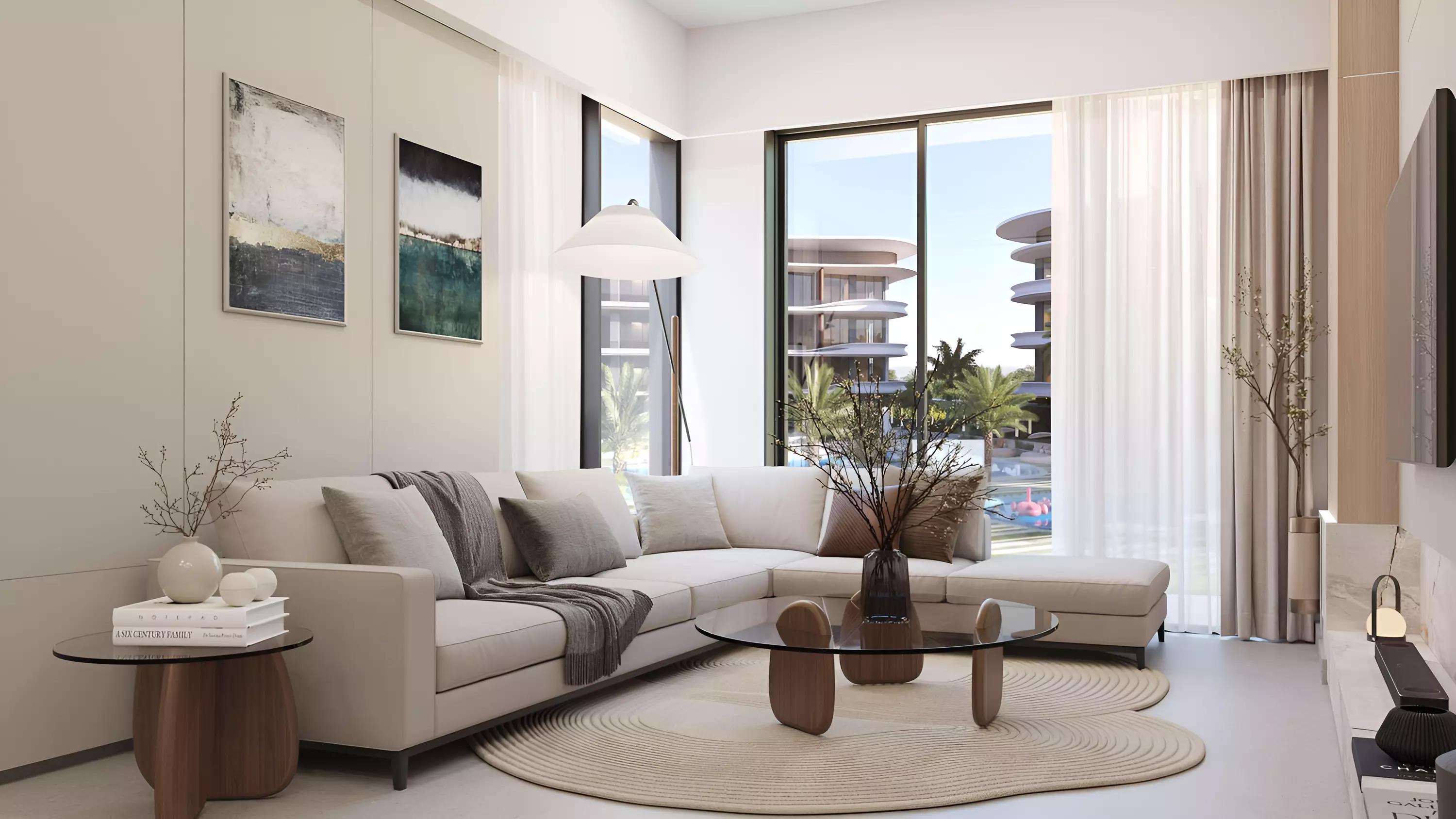 Interior living space rendering at Mayfair Vista, Al Barari