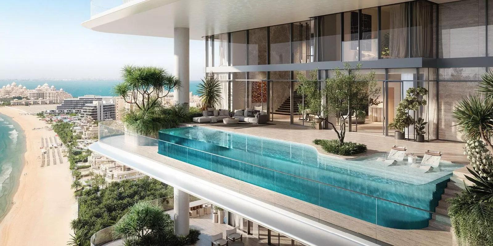 Orla Infinity duplex living interior with waterfront views, Palm Jumeirah, Dubai