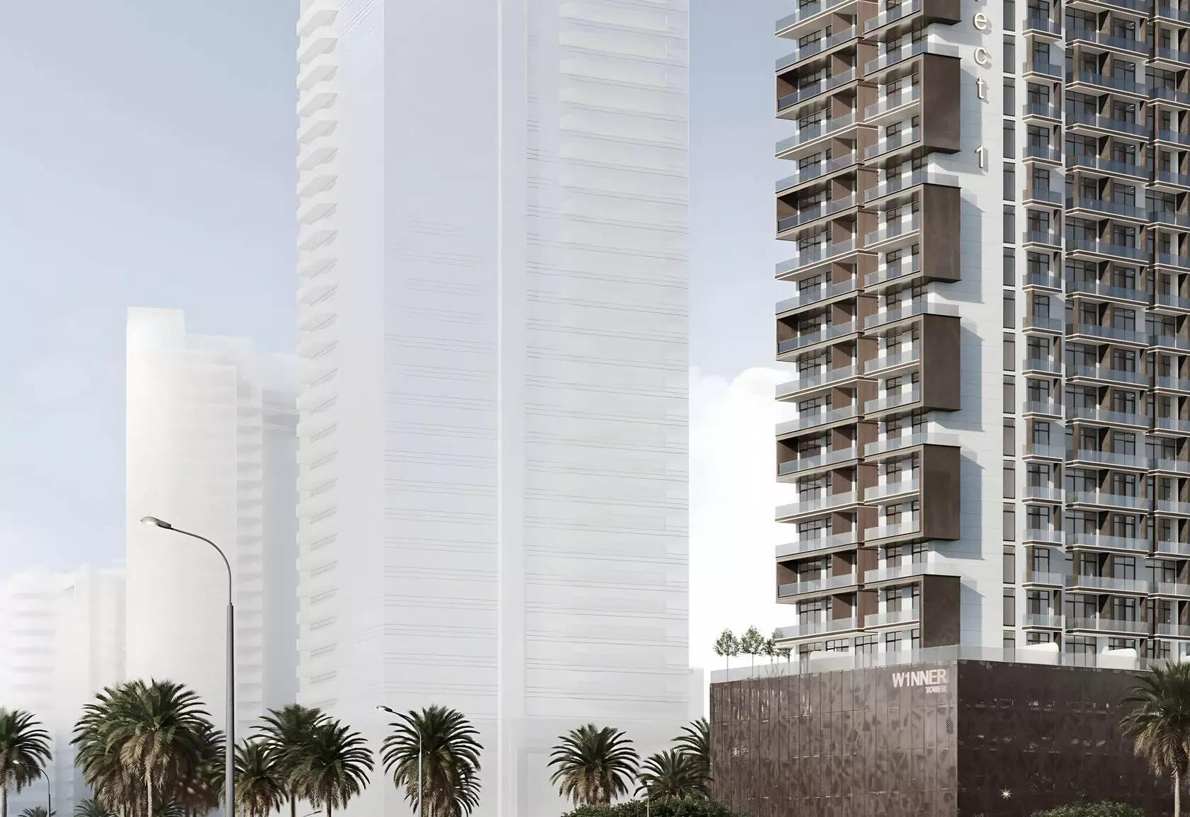 W1nner Tower building elevation and entrance, JVT, Dubai