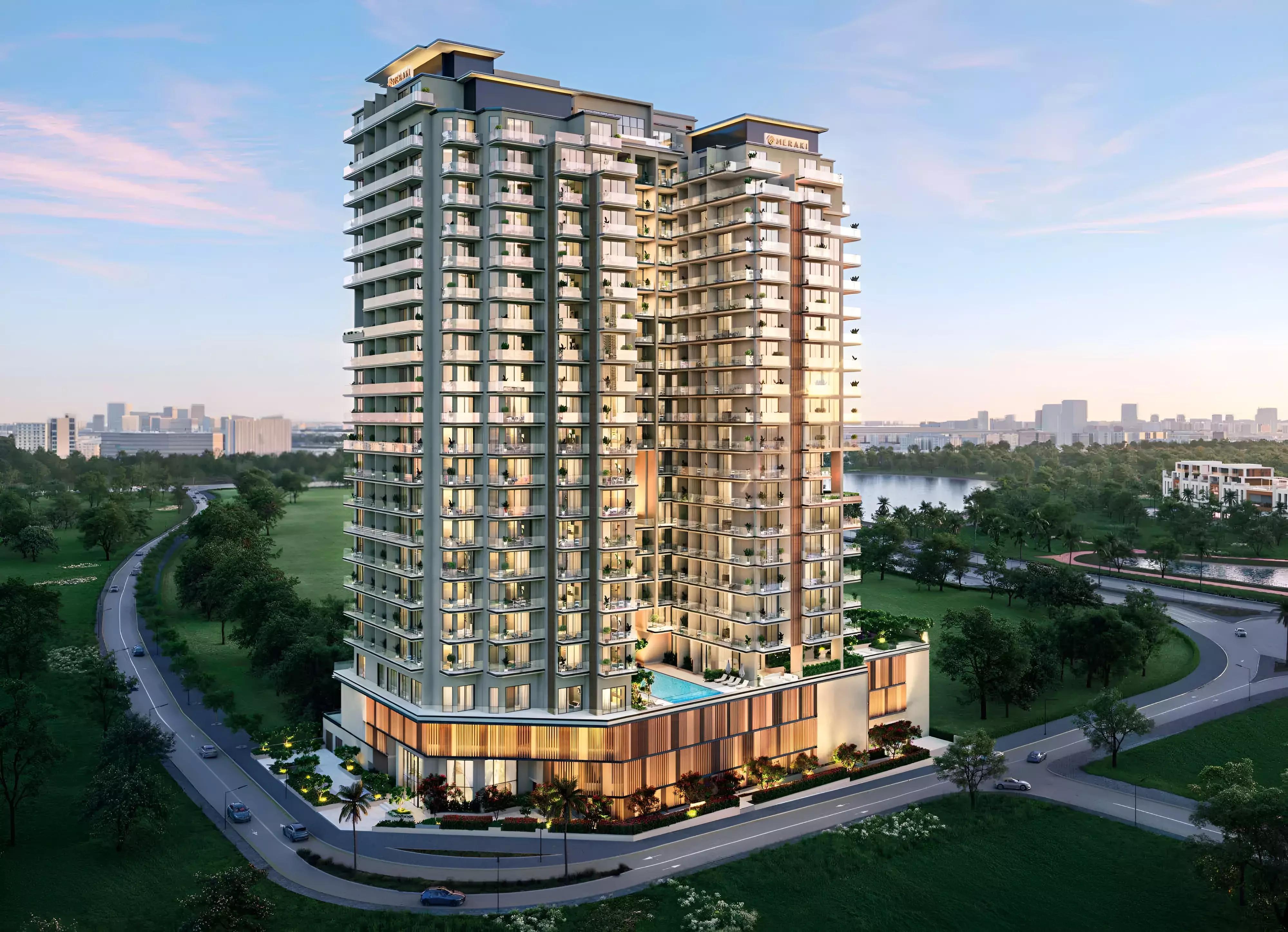 Nirvana Residence building entrance and landscaping, Dubai Production City, Dubai