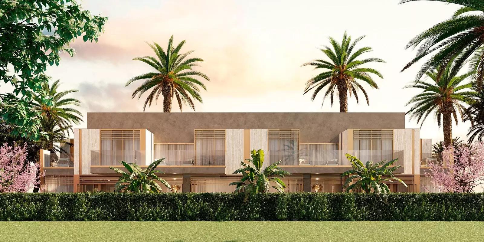 Elie Saab Vie townhouse row street view with landscaping, District 11, Dubai