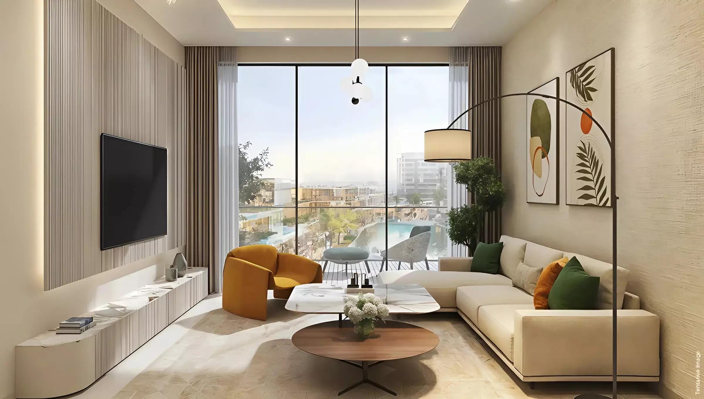 Riverside Views residential facade with landscaped grounds, Damac Riverside, DIP 2