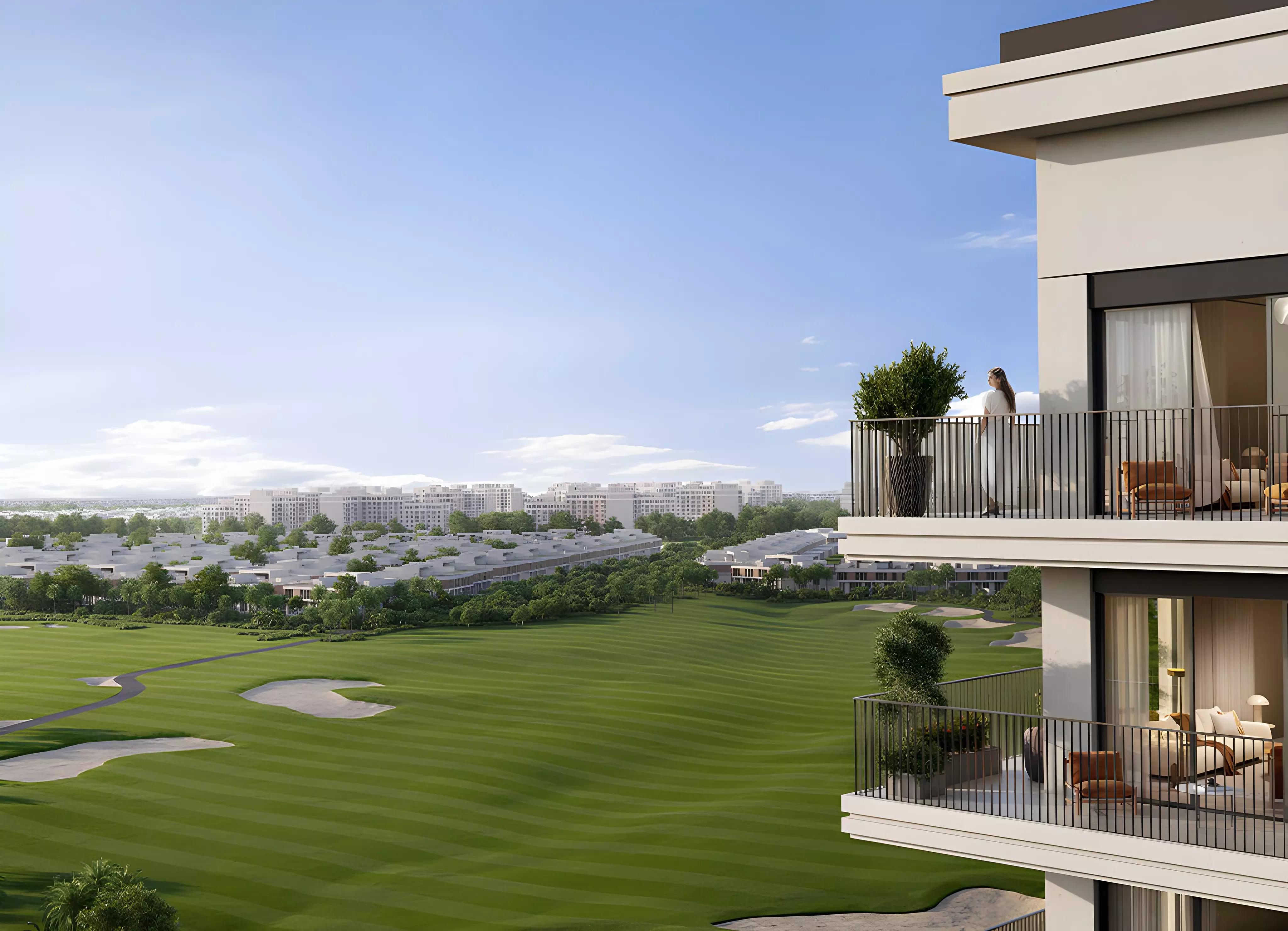 Golf Edge townhouse cluster with landscaped surroundings, Emaar South