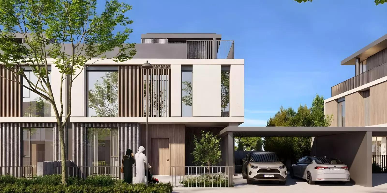 June Phase 2 villa exterior with landscaped front garden, Arabian Ranches 3, Dubai