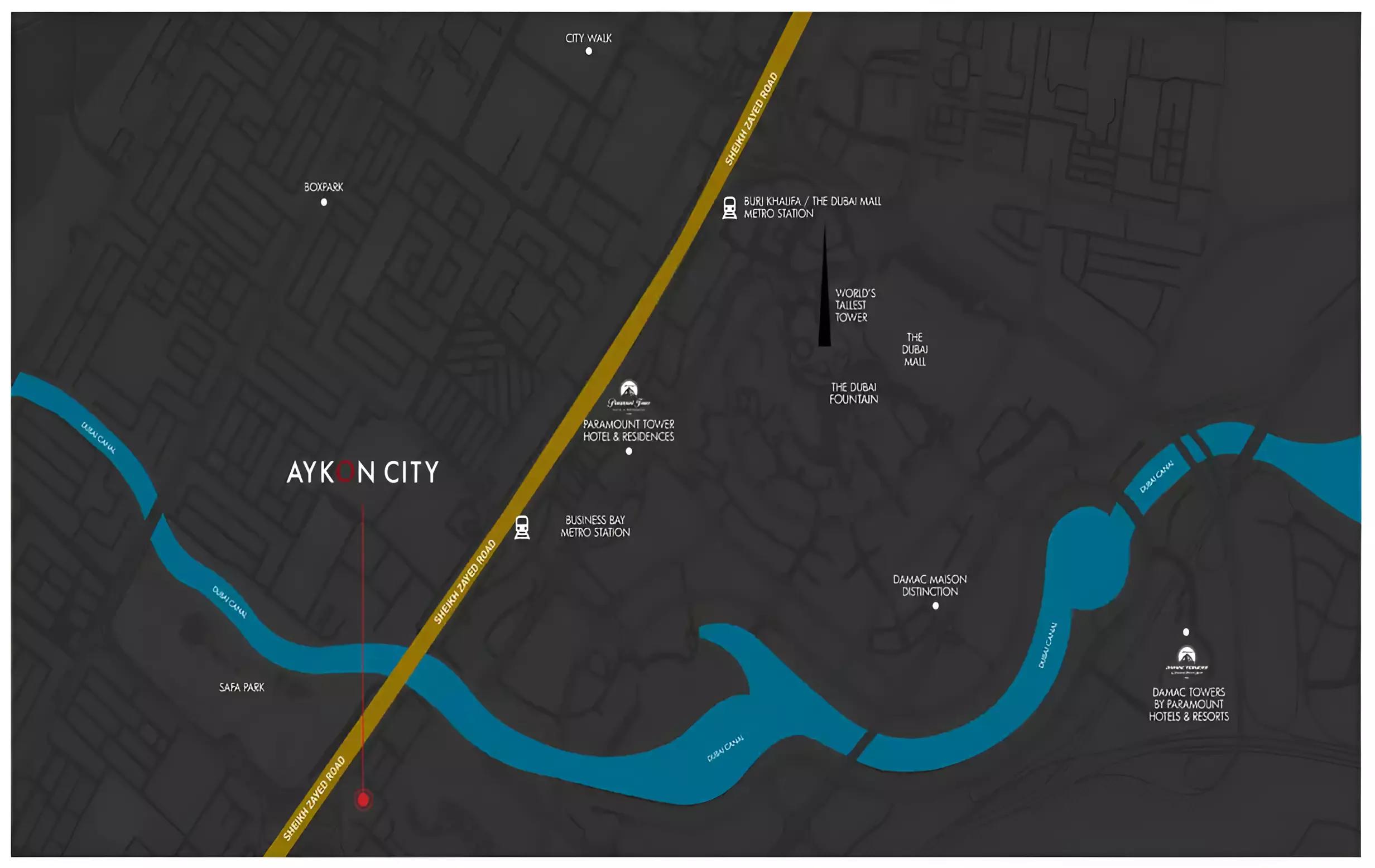 Aykon City masterplan layout showing Tower B within Business Bay development