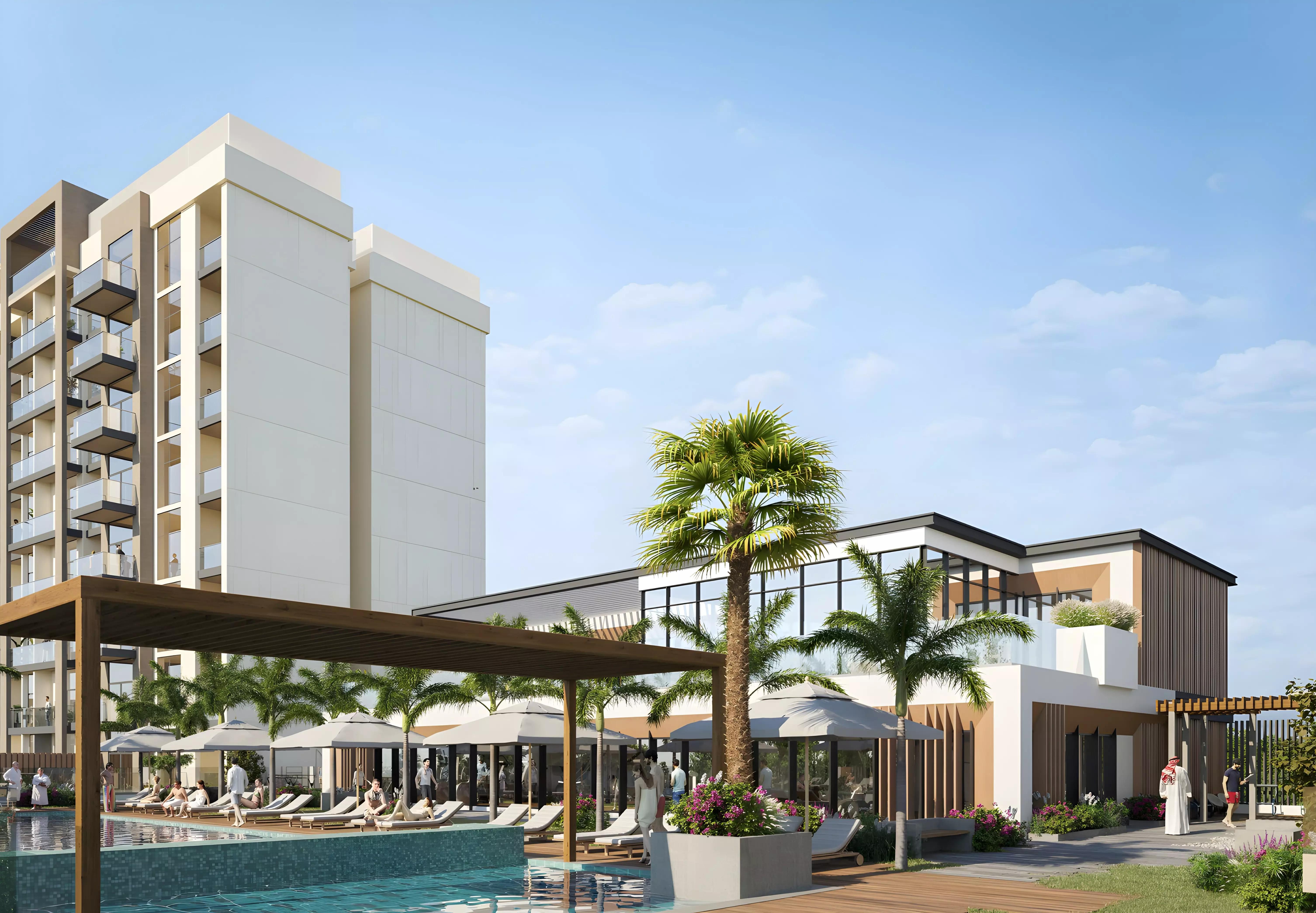 Building entrance and lobby view of The Haven, Majan, Dubai