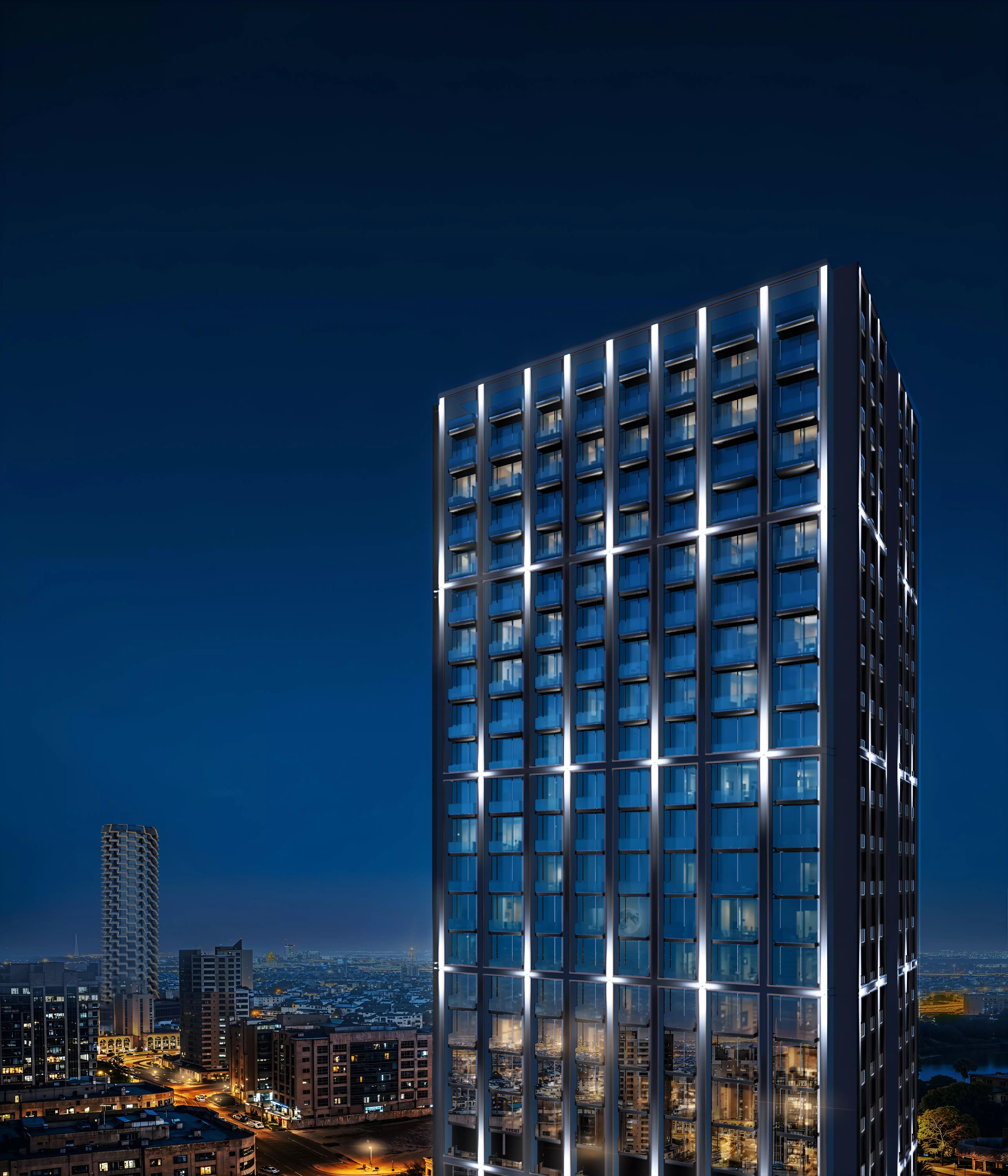 Binghatti Etherea building entrance and podium, Jumeirah Village Circle