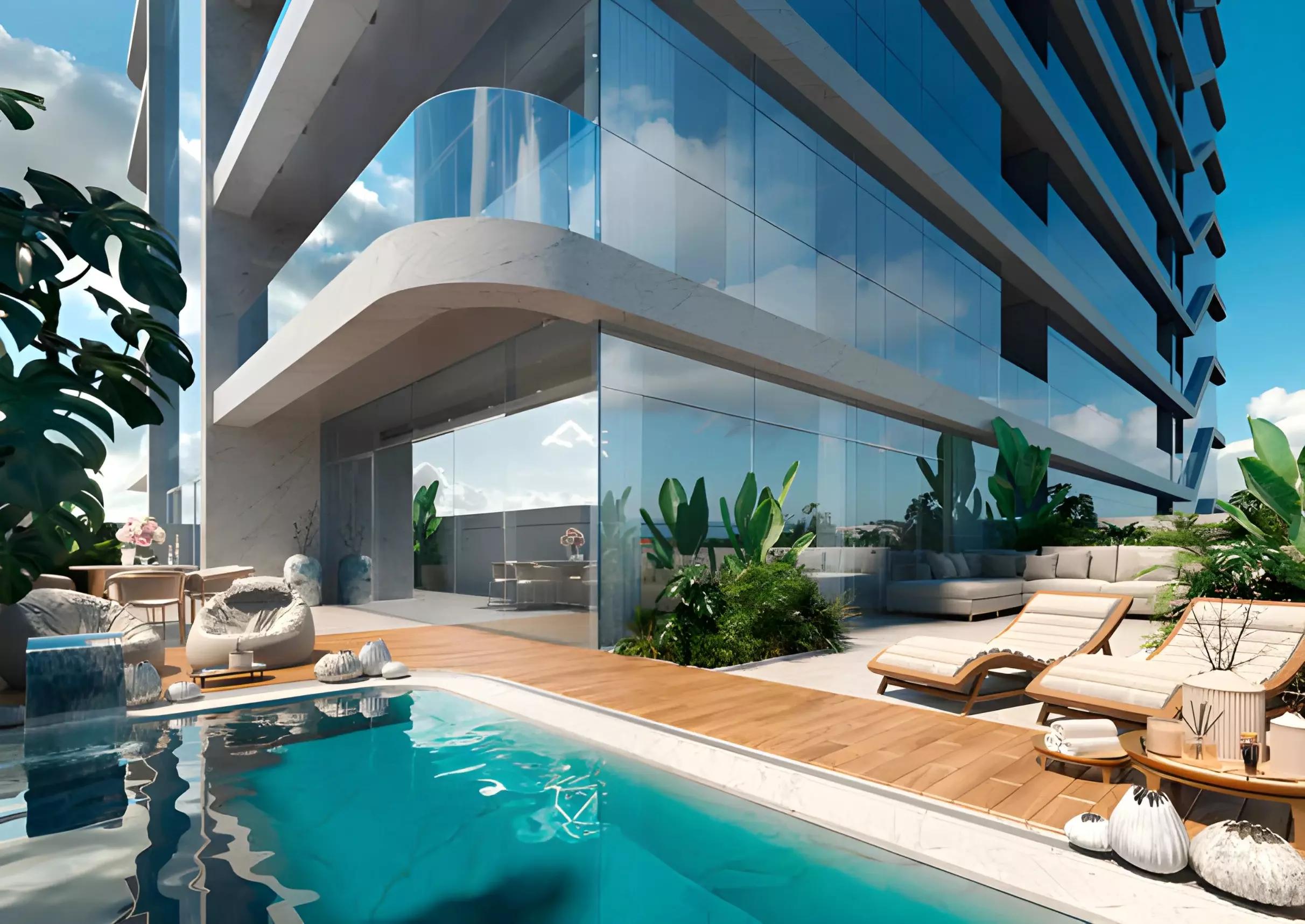 Adhara Star apartment building facade and entrance, Arjan, Dubai