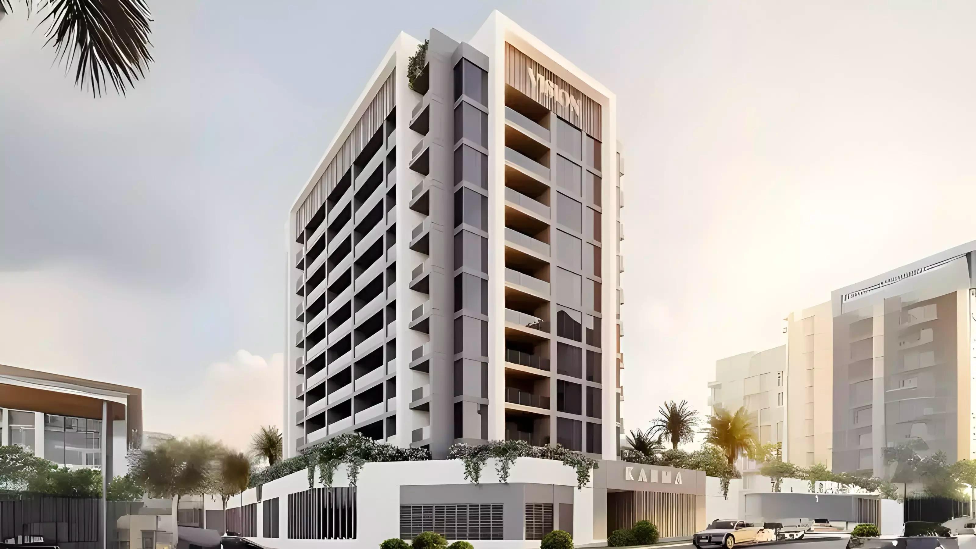 Exterior facade of Karma apartment building in Liwan, Dubai