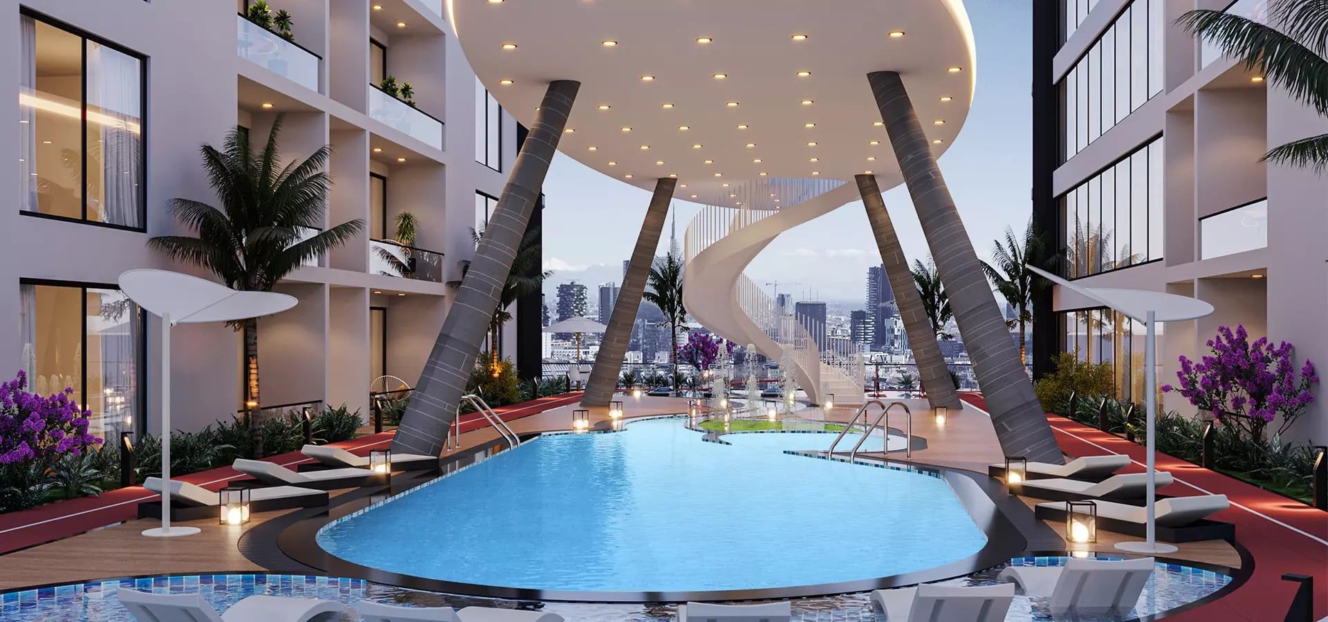 Opalz by Danube rooftop swimming pool deck with sculptural canopy