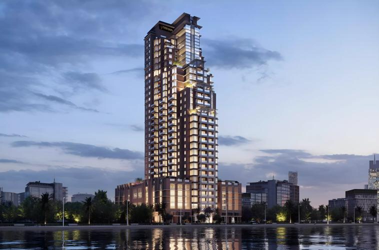 Riva Residence exterior facade with waterfront view, Dubai Maritime City