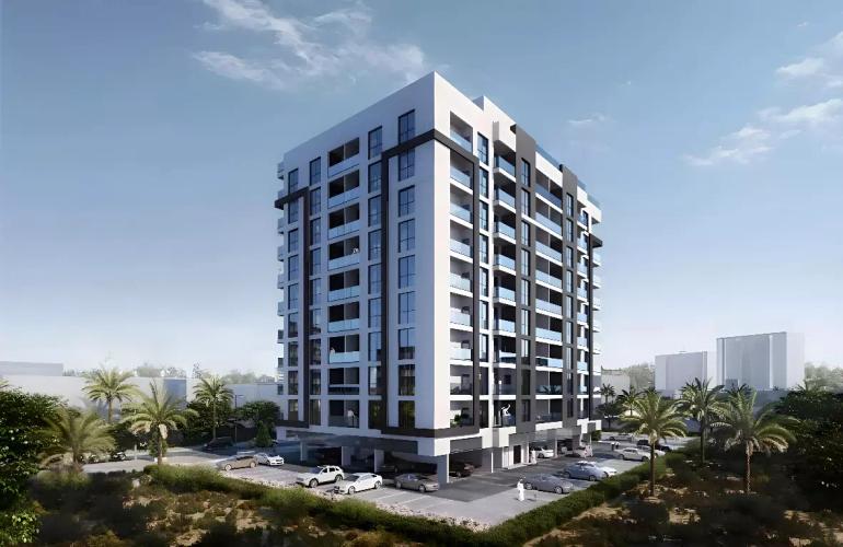 Exterior view of Weybridge Gardens Phase 3 apartment building, Dubai Land Residence Complex, Dubai