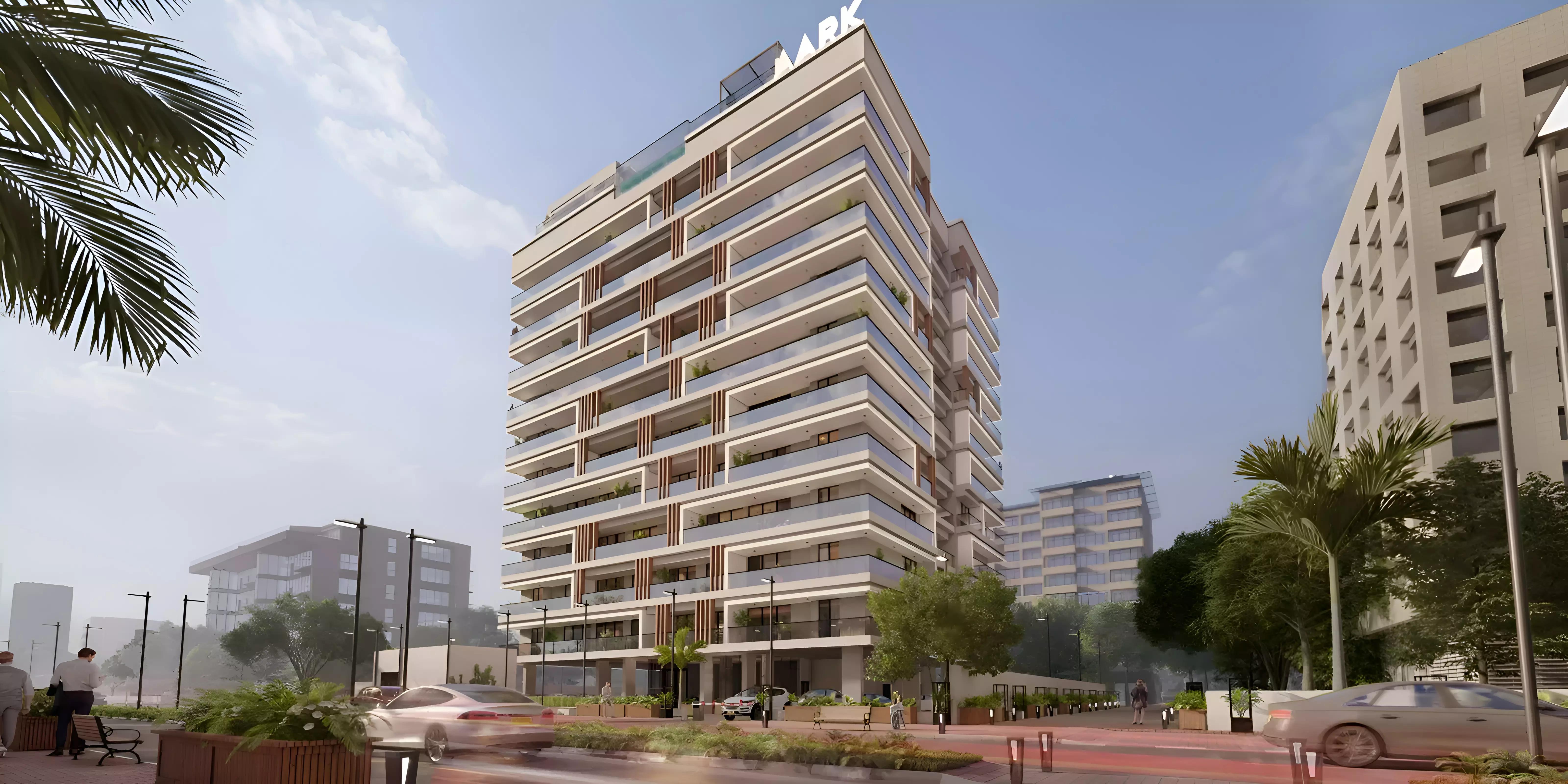 Aark Residences exterior facade, Dubai Land Residence Complex, Dubai