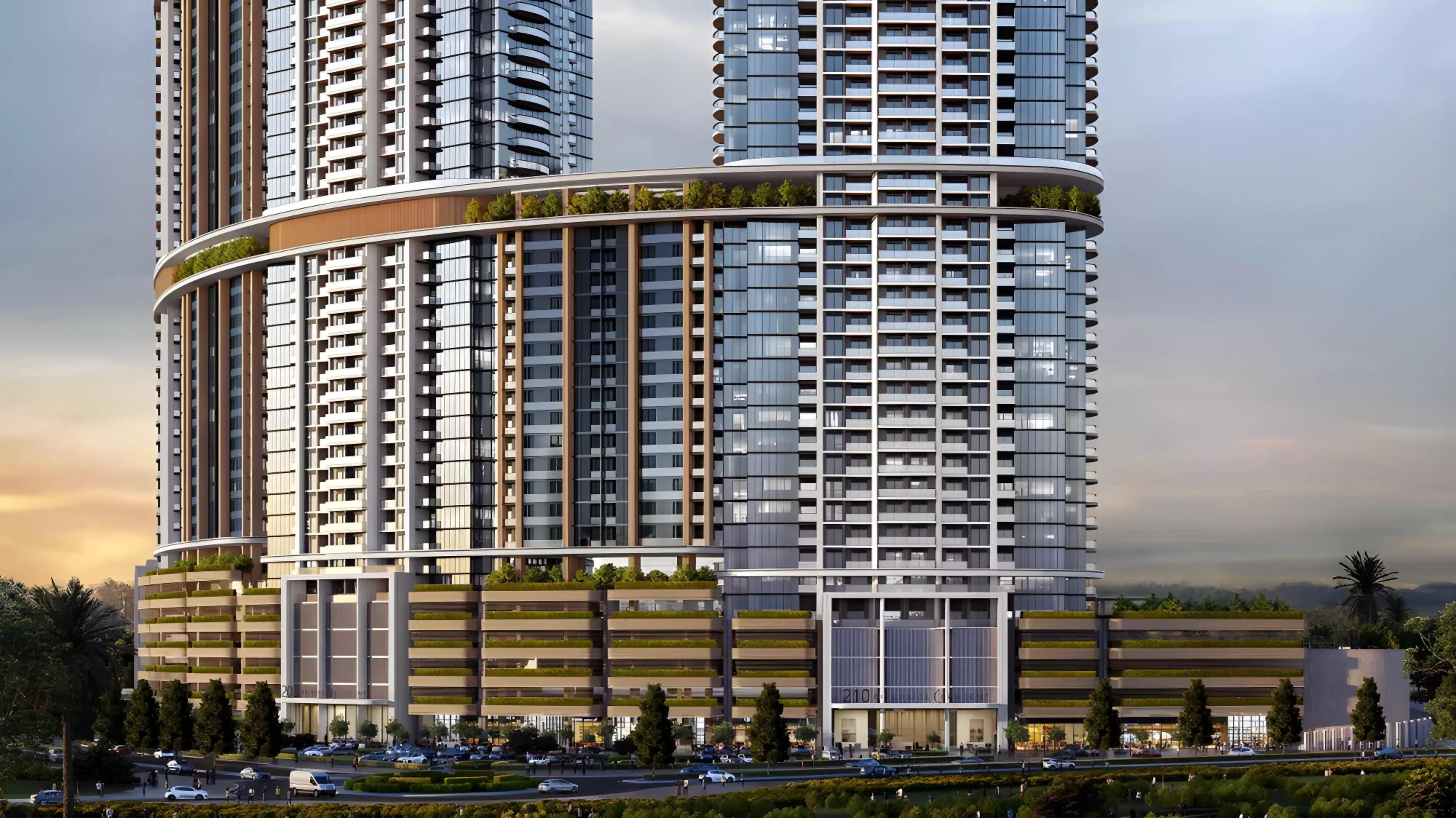 Skyscape apartment building facade view, Sobha Hartland II, Bukadra