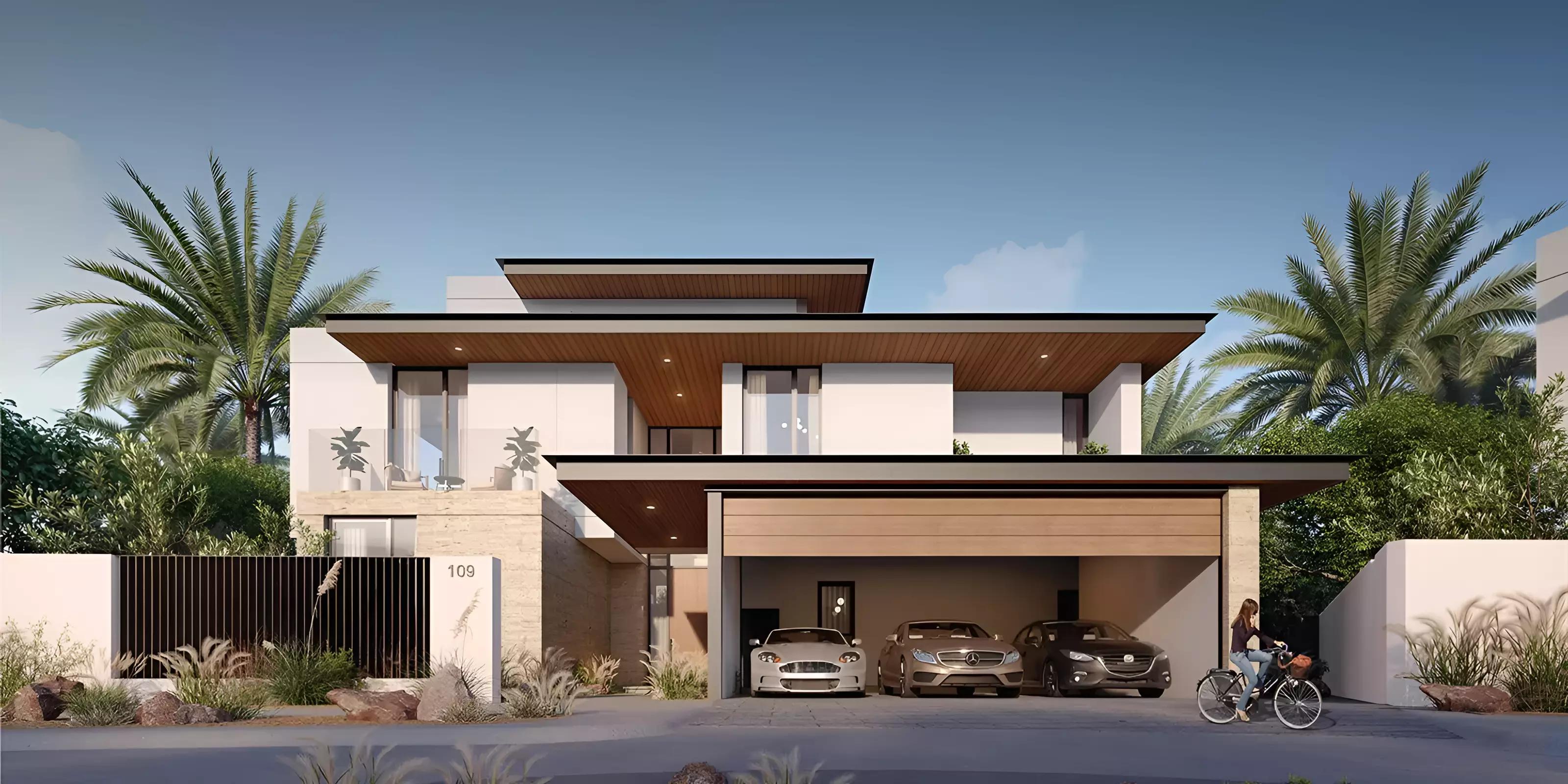 Farm Gardens villa exterior with landscaped front garden, The Valley, Dubai