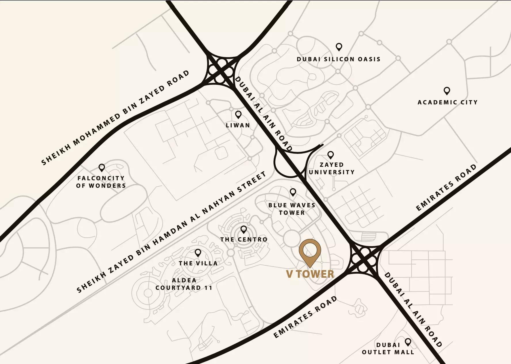 Master plan layout of V Tower and surrounding Dubai Land Residence Complex