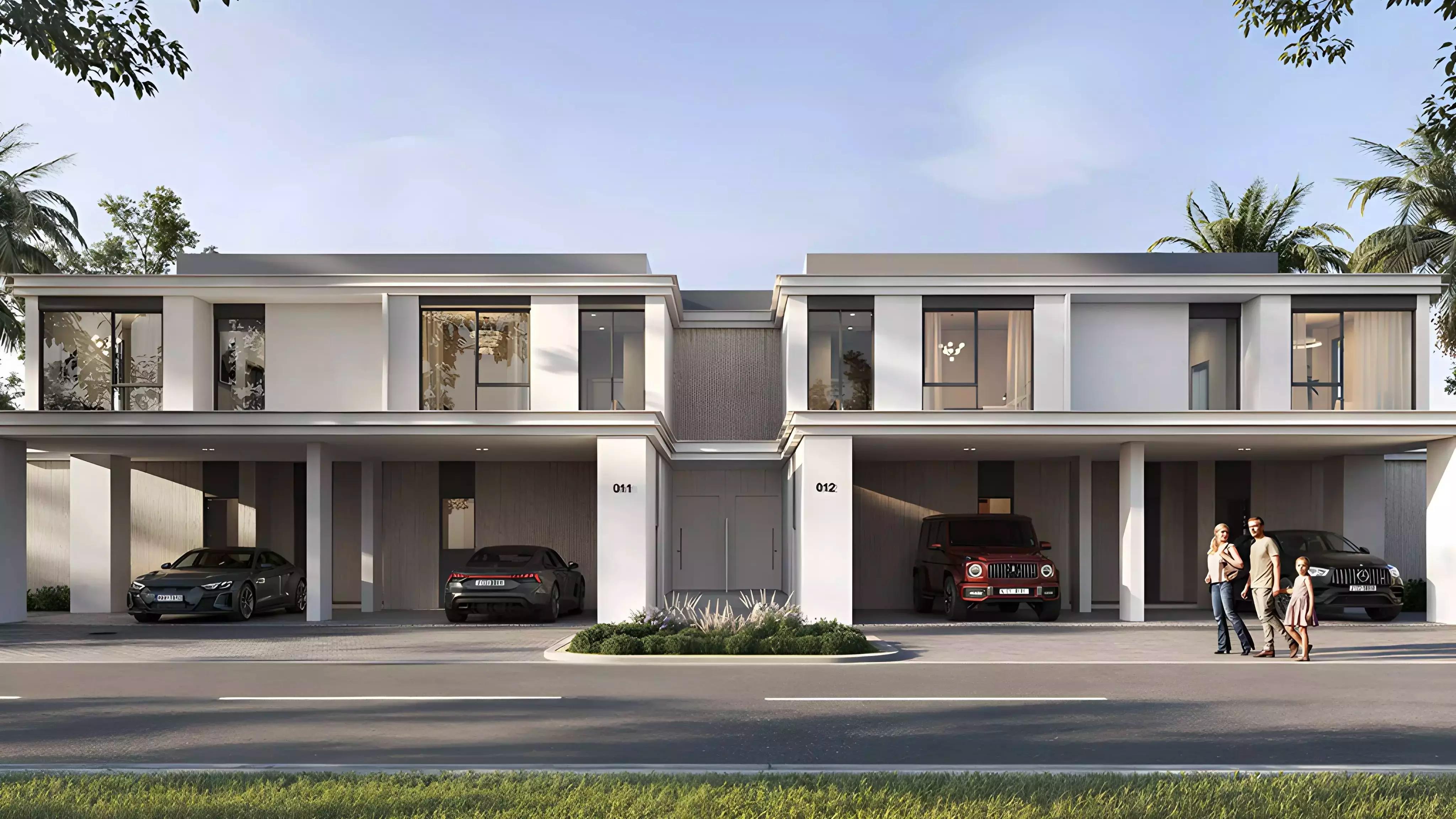 Greenville townhouse exterior with landscaped frontage, Emaar South, Dubai South