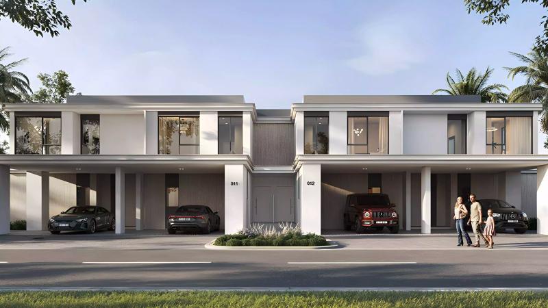Greenville townhouse exterior with landscaped frontage, Emaar South, Dubai South