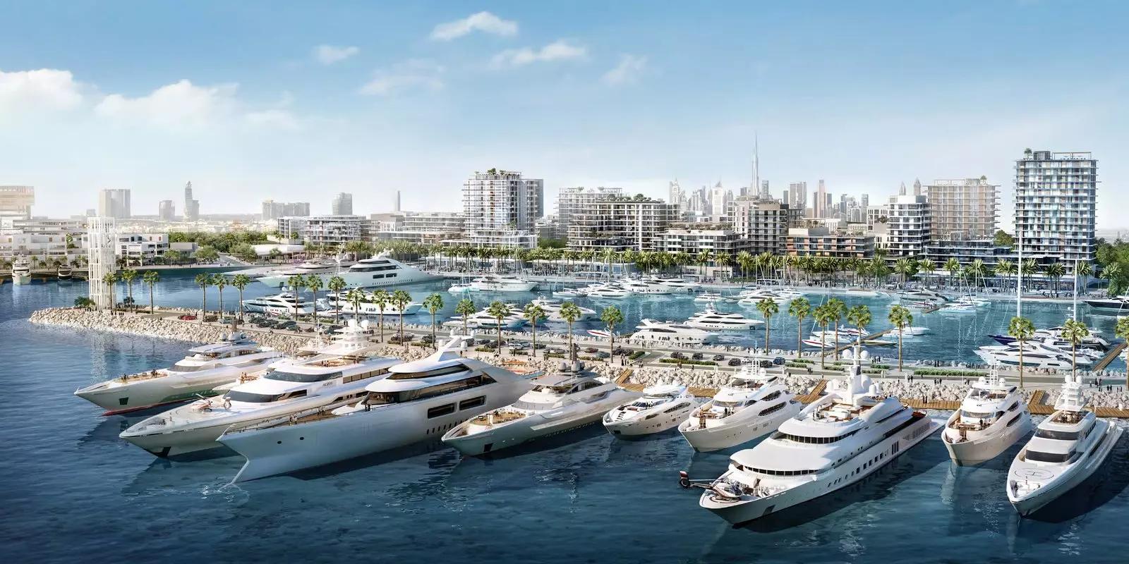 Seagate balcony view of water and landmark, Mina Rashid, Dubai