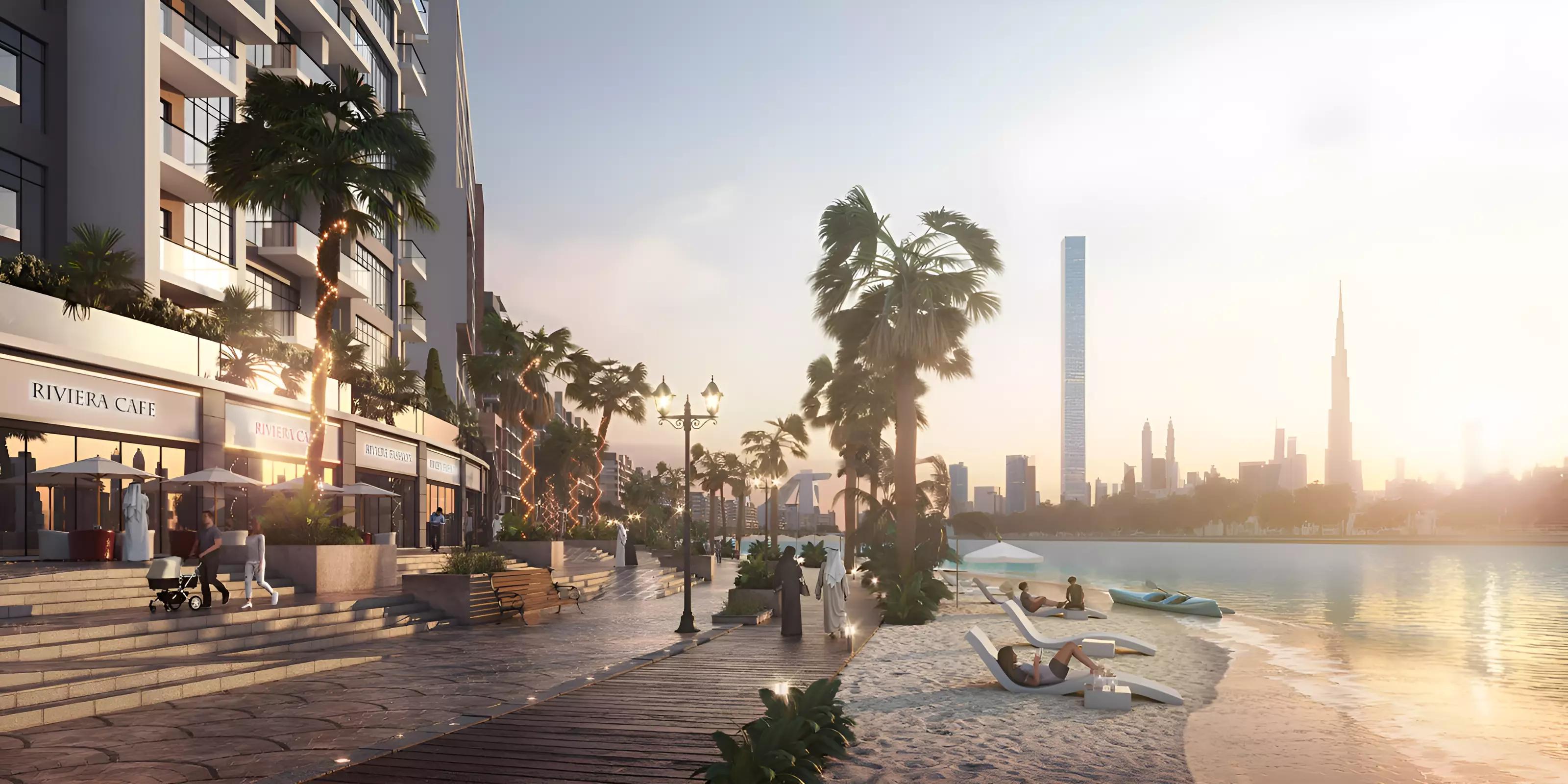 Azizi Riviera Azure residential facade with Mediterranean-style architecture, Meydan